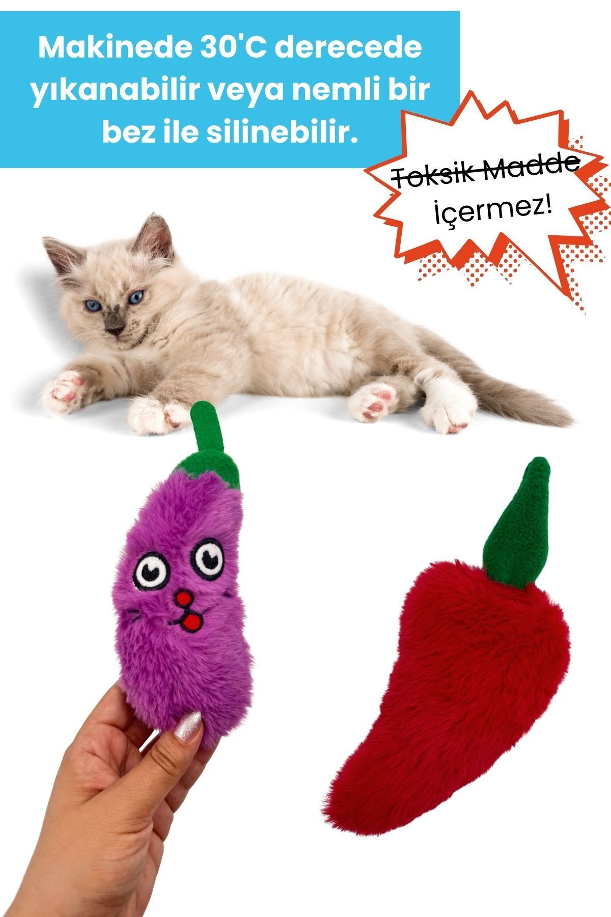 Miyav-Cat Toy Set with Rustling Sound (2 Pieces) – Plush Eggplant & Pepper Catnip Cat Toys 6