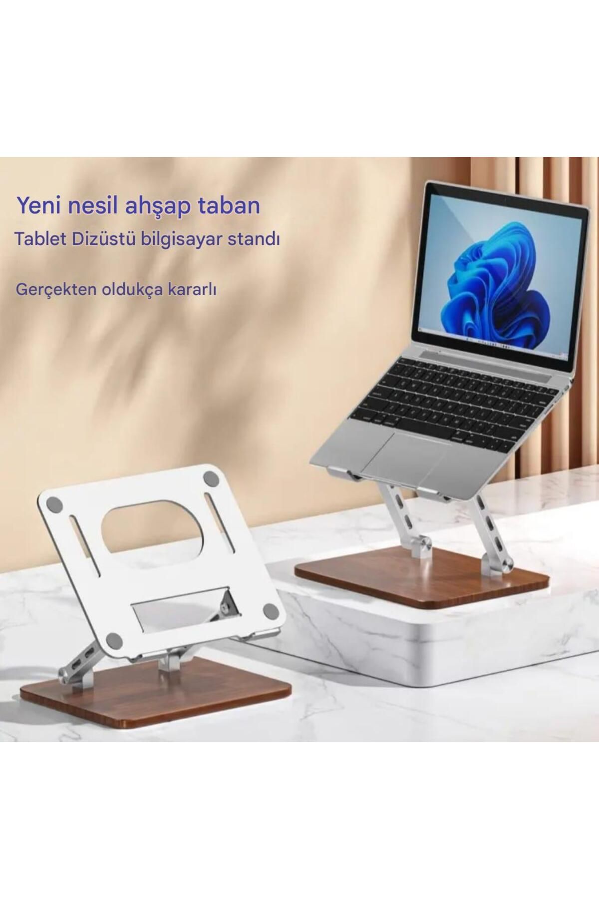 Asfal 17.3' Uyumlu Ahşap Tabanlı 360° Dönen Ayarlanabilir Alüminyum Masaüstü Tablet ve Laptop Standı