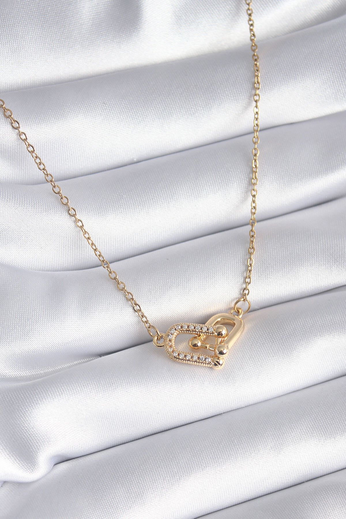 melfxxl eticaret 316L Çelik Gold Renk Zirkon Taşlı Model Kadın Kolye - Lisinya