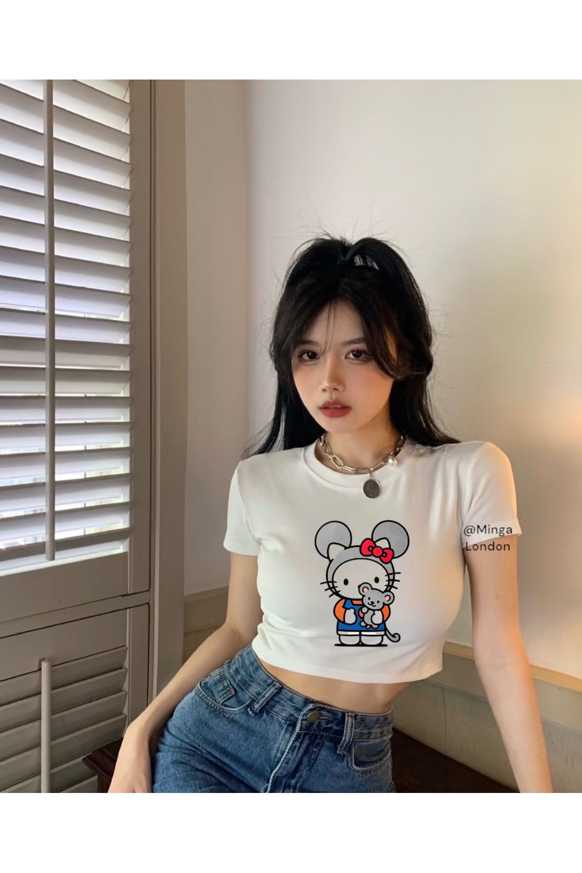 Minga London Beyaz Hello Kitty Mouse Costume Crop Bluz - Ghostella