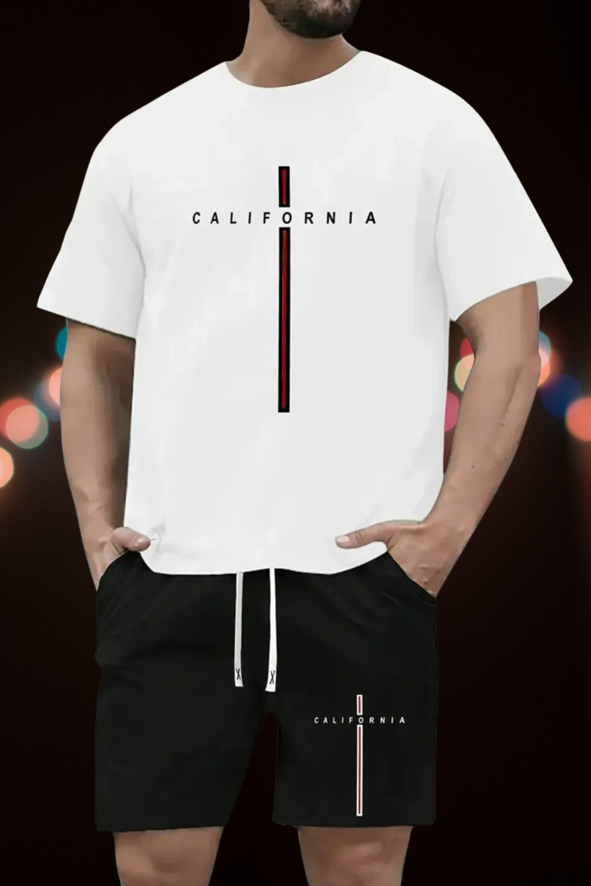 DESCARTES Unisex California Baskılı Pamuklu Kısa Kollu Yuvarlak Yaka T-shirt Şort Takımı
