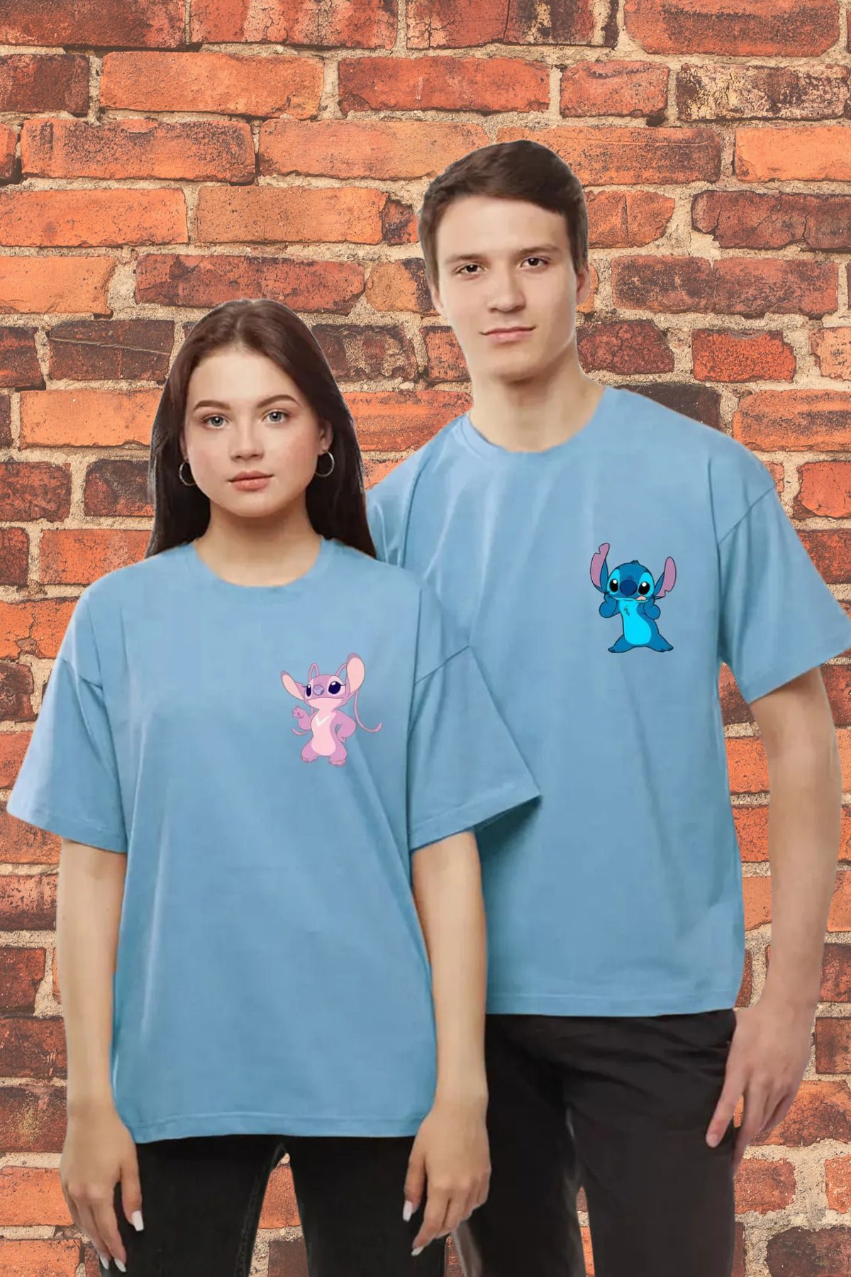 DESCARTES Lilo Stitch Sevgili Çift Takım Tişört Oversize Motto Sevgili Couple T-Shirt