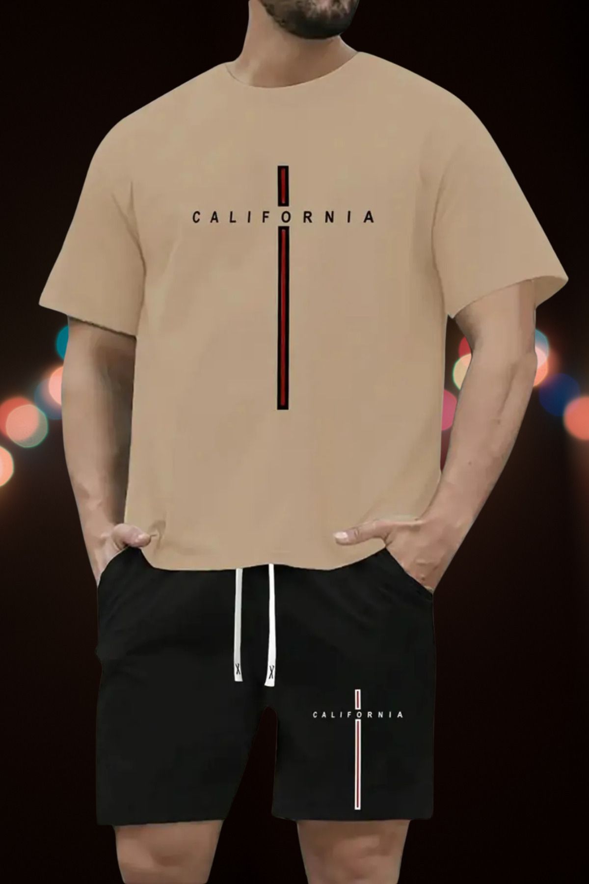 DESCARTES Unisex California Baskılı Pamuklu Kısa Kollu Yuvarlak Yaka T-shirt Şort Takımı