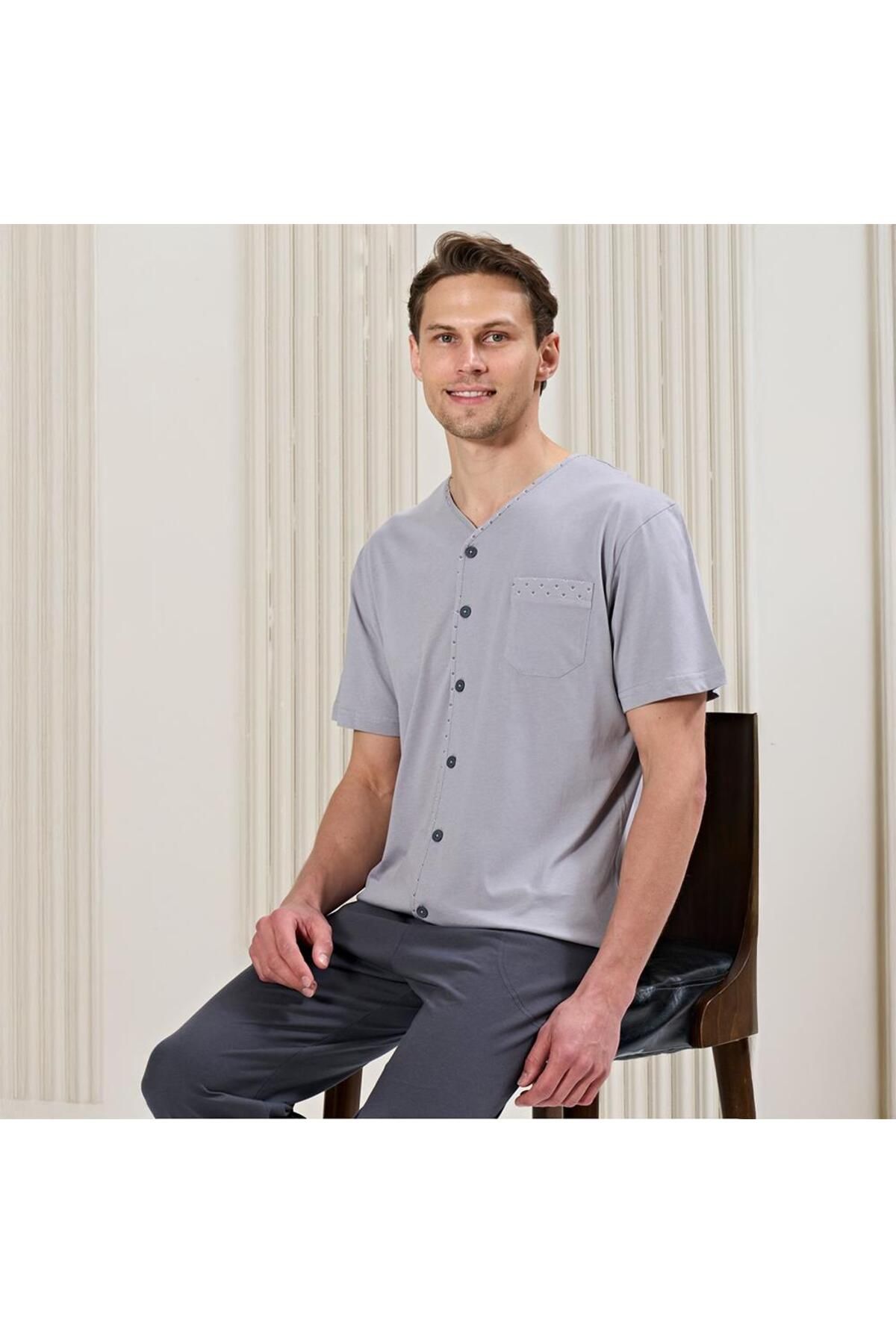 Over Sleep by Poleren Over Sleep 1716 Erkek Kısa Kol Uzun Alt Yazlık Büyük Beden Pijama Takım