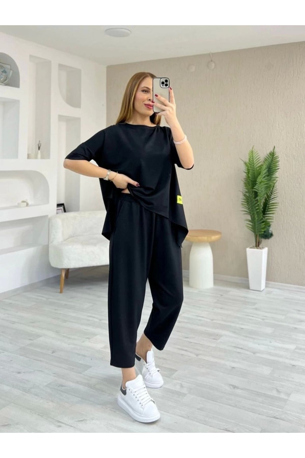 nedo7 Kadın Kısa Kollu Bisiklet Yaka Viskon Iki Iplik Bluz Ve Pantolon Ikili Takım