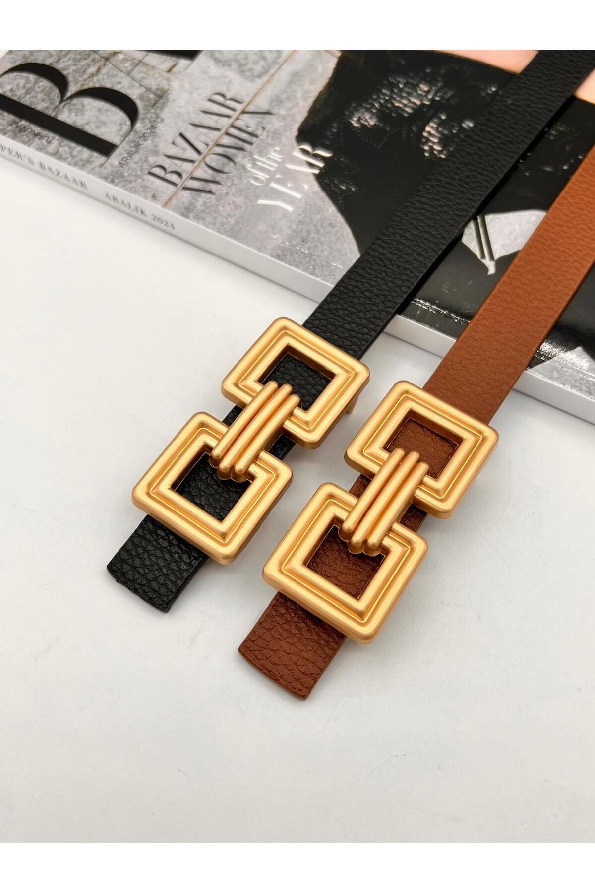 NOİR LUXE 2'li Kare Desenli Kadın Kemer Pantolon Kemeri Elbise Kemeri Gömlek Kemeri Ceket Kemeri
