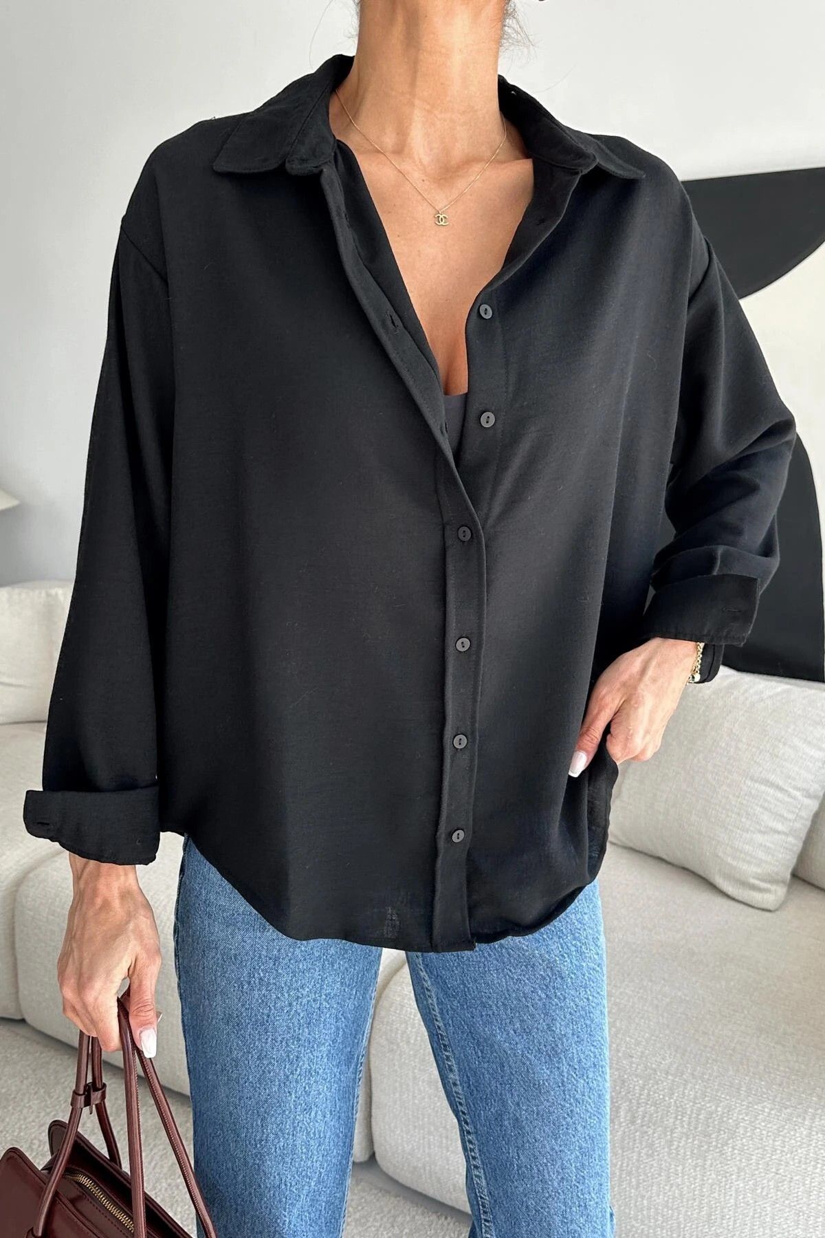 CIQULATA Oversize Keten Gömlek Siyah
