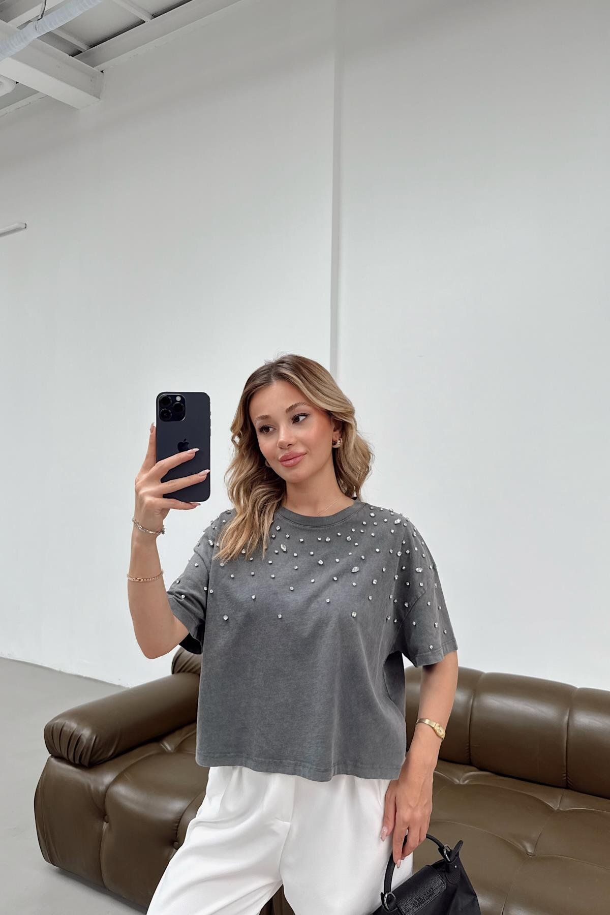 mylove Yıkamalı Taş Detaylı Tshirt Antrasit
