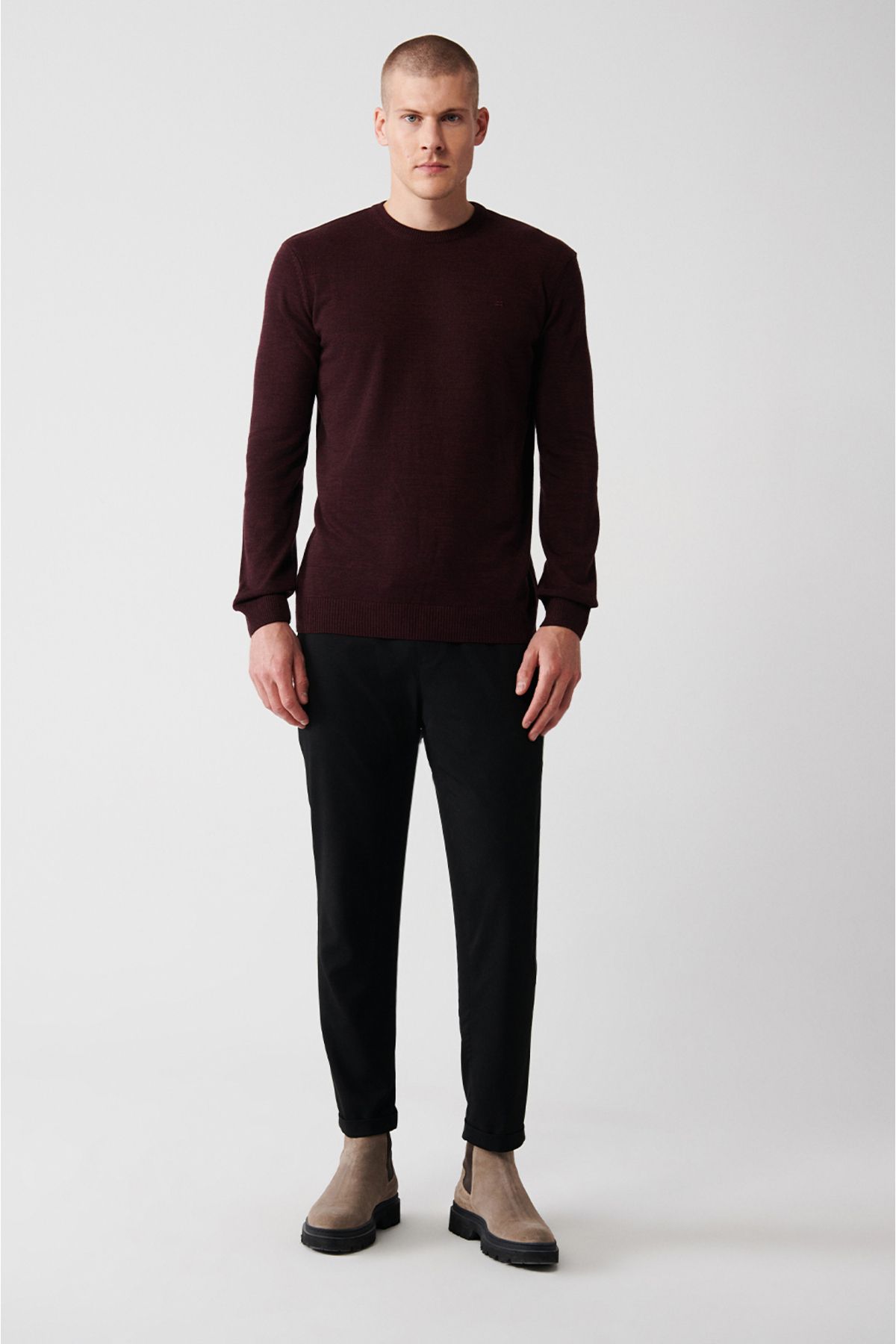 Avva-Men's Burgundy Crew Neck Non-Pilling Knitwear Sweater E 005000 5