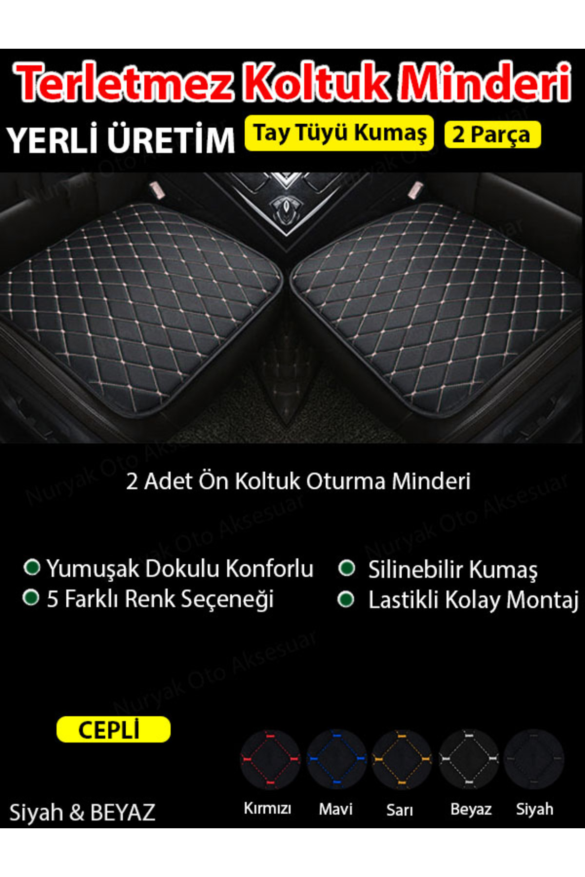 Nuryak Oto Aksesuar Terletmez Kumaş Araba Koltuk Minderi 3 Parça Ön ve Arka Oturma Minderi fotoğrafı 2 (önizleme)