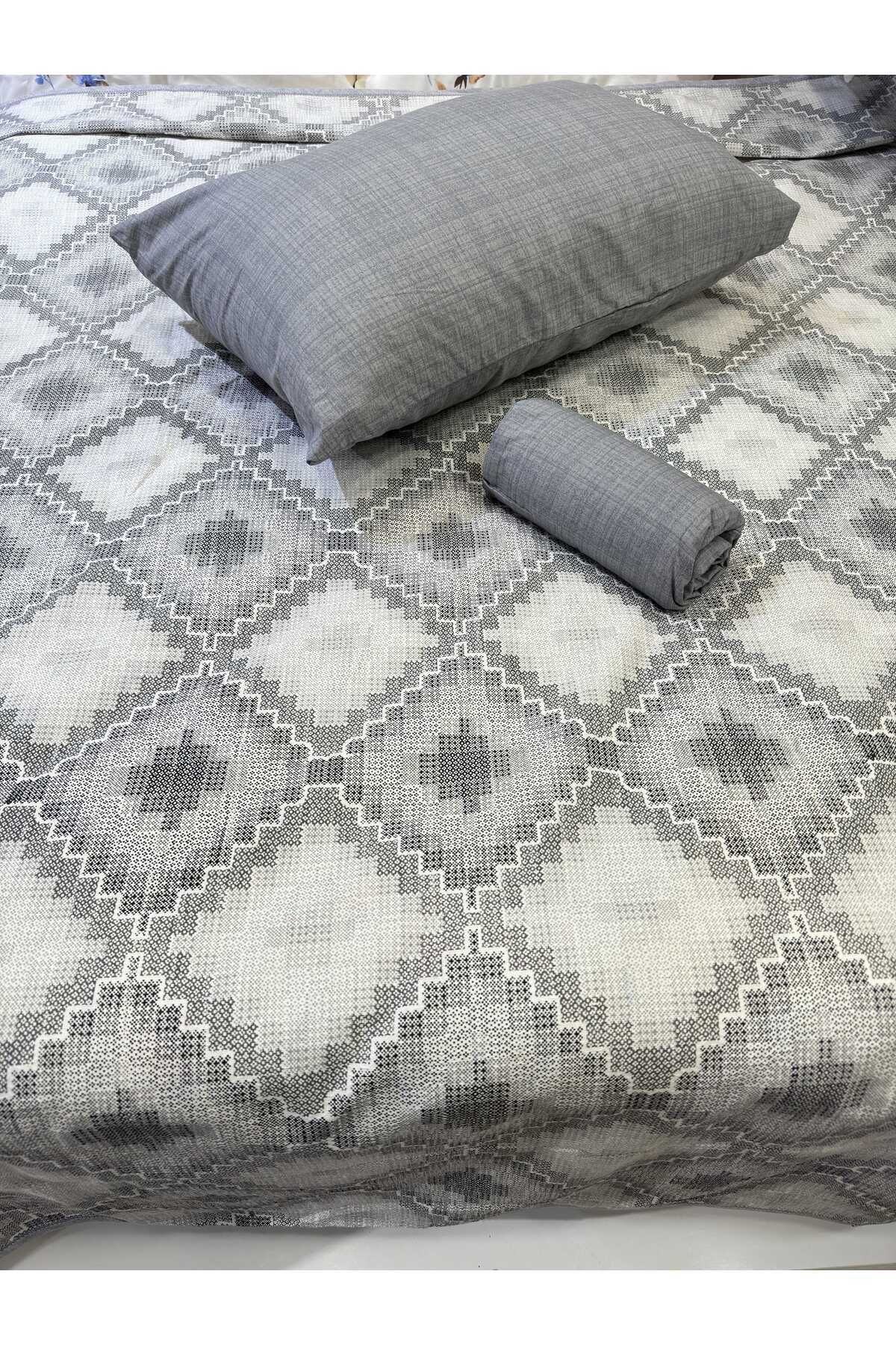 ŞENER HOME-Canvas Patterned Bed Sheet with Elastic Double Pique Set - Gray 2