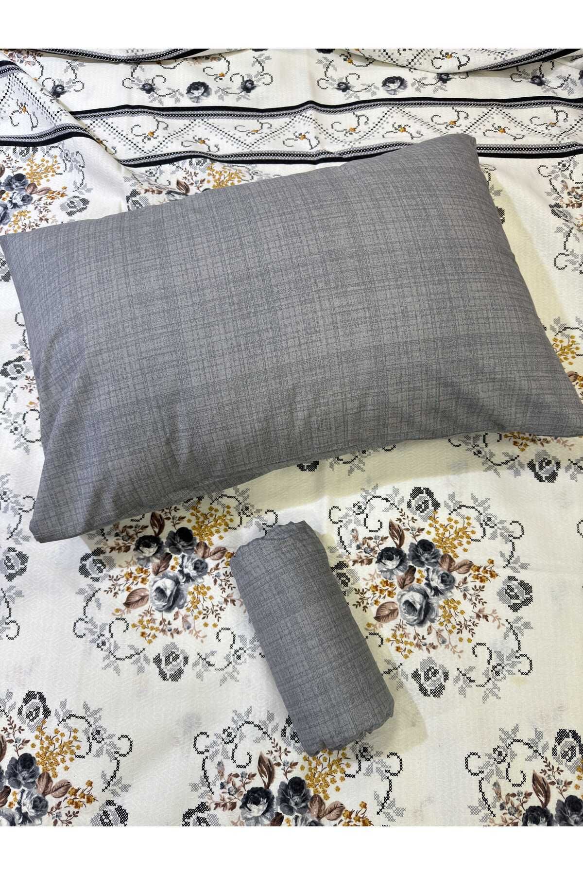 ŞENER HOME-Bouquet Patterned Bed Sheet with Elastic Double Pique Set - Gray 4