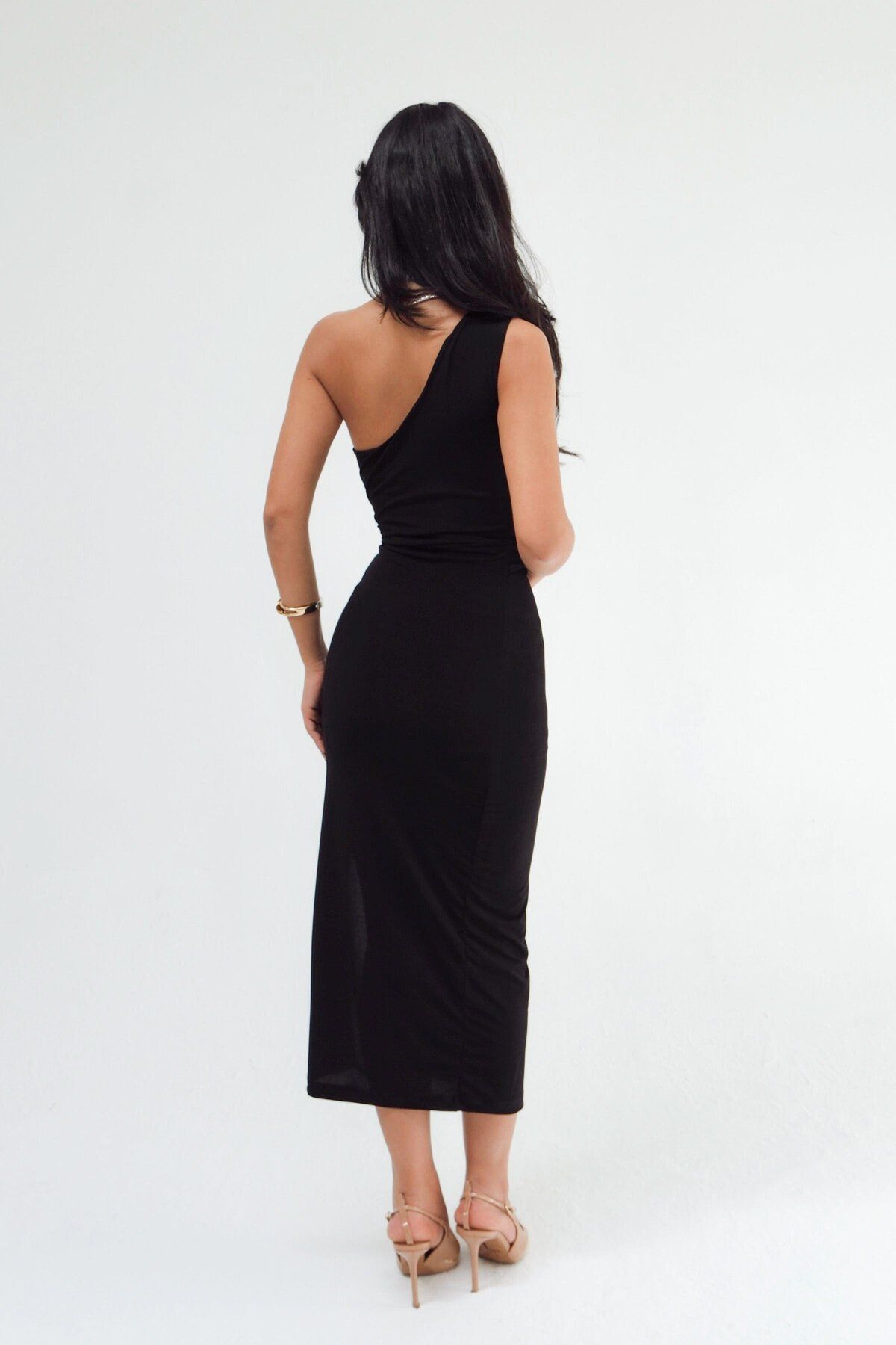 STANVİA-Rochie Midi Drapată pe un umăr Negru 2