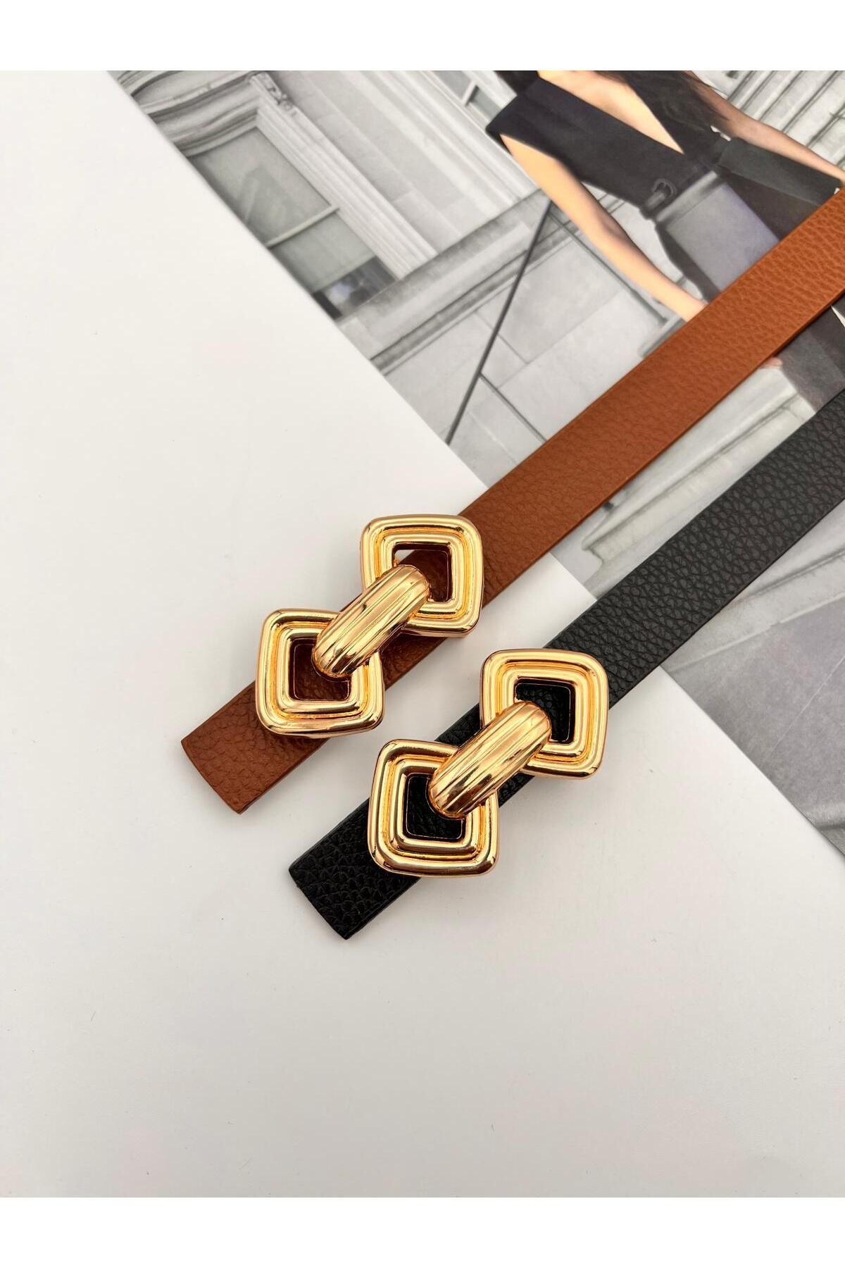 NOİR LUXE 2'li Basic Gold Tokalı Kadın Kemer Pantolon Kemeri Elbise Kemeri Gömlek Kemeri Ceket Kemer