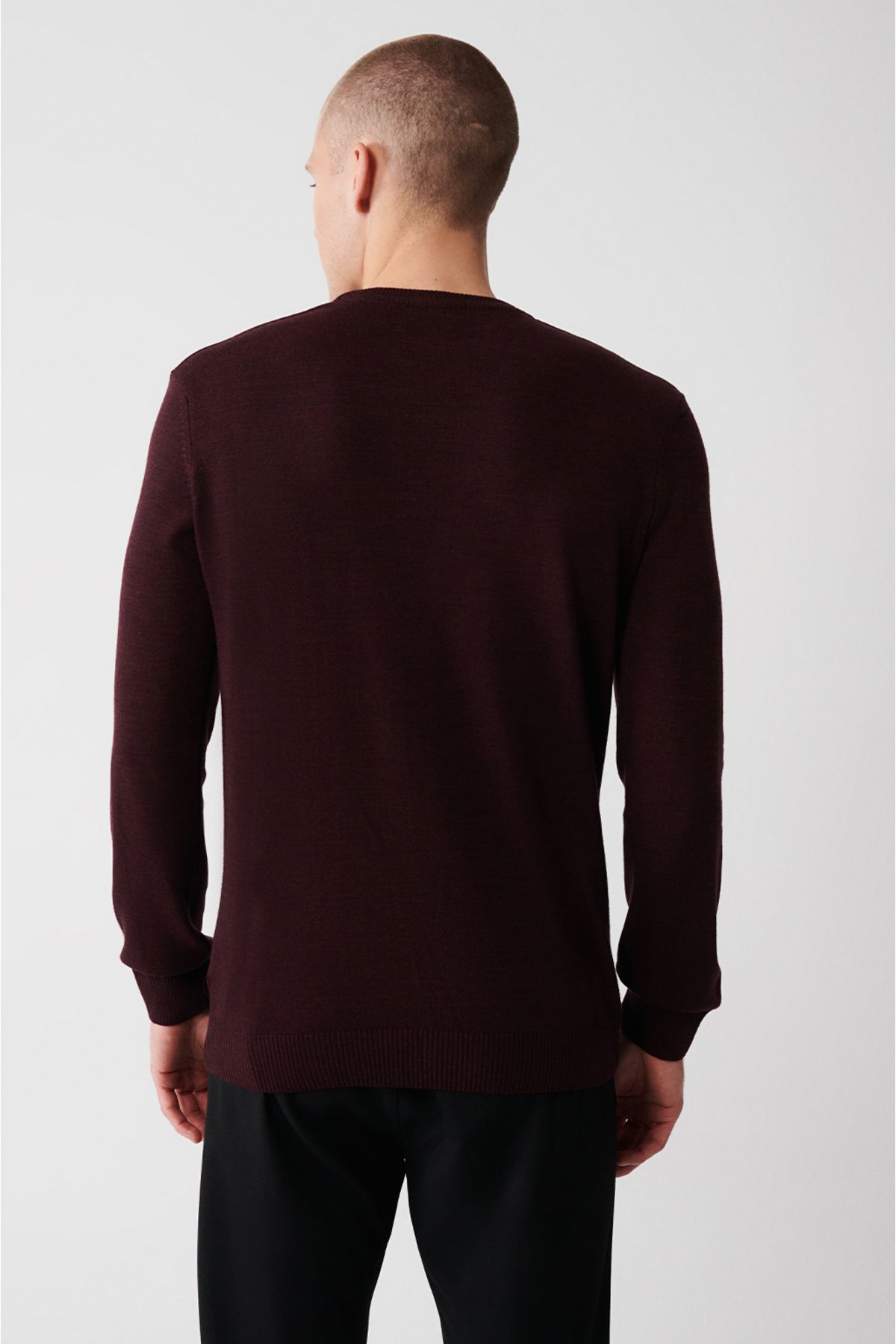 Avva-Men's Burgundy Crew Neck Non-Pilling Knitwear Sweater E 005000 4