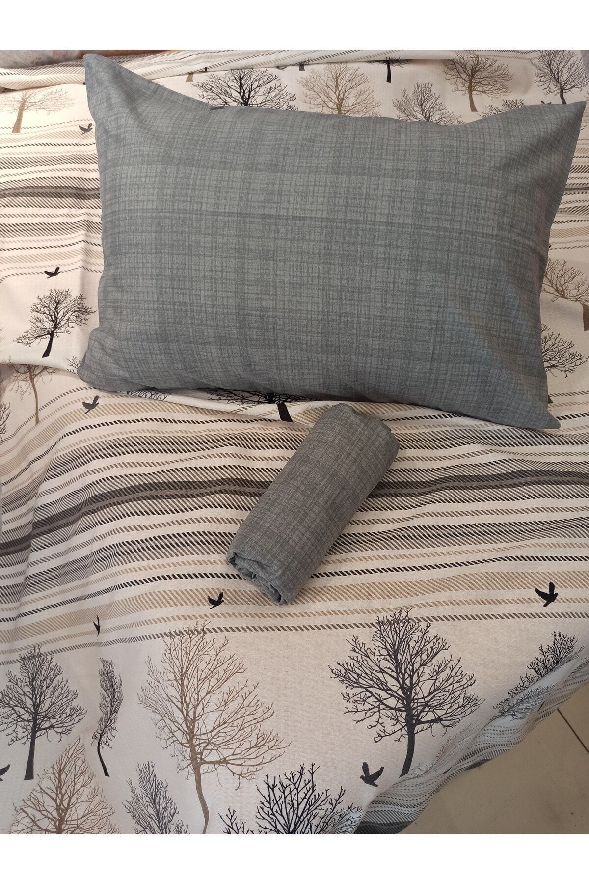 ŞENER HOME-New Tree of Life Patterned Bed Sheet with Elastic Double Pique Set - Gray 2