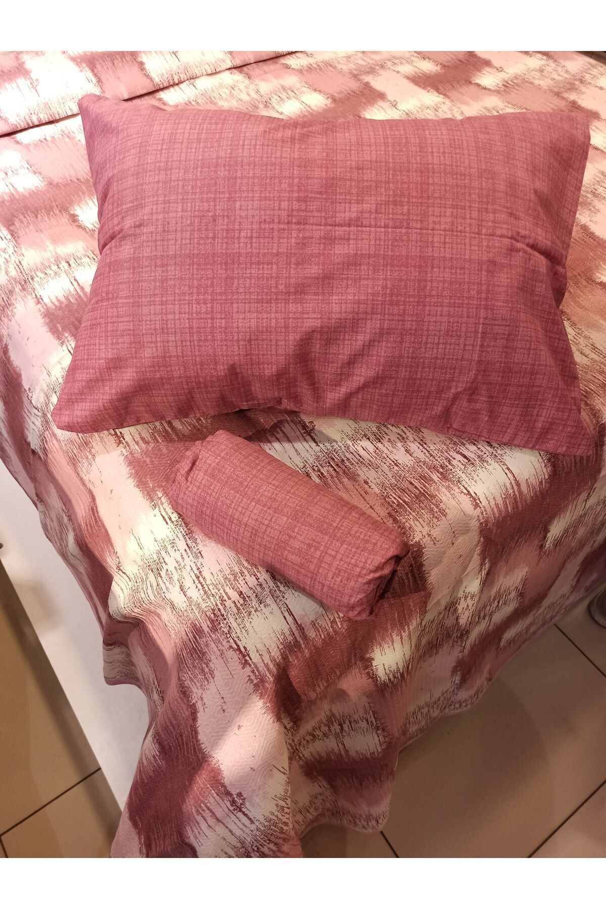 ŞENER HOME-Patchwork Patterned Bed Sheet with Elastic Double Pique Set - Dried Rose 4