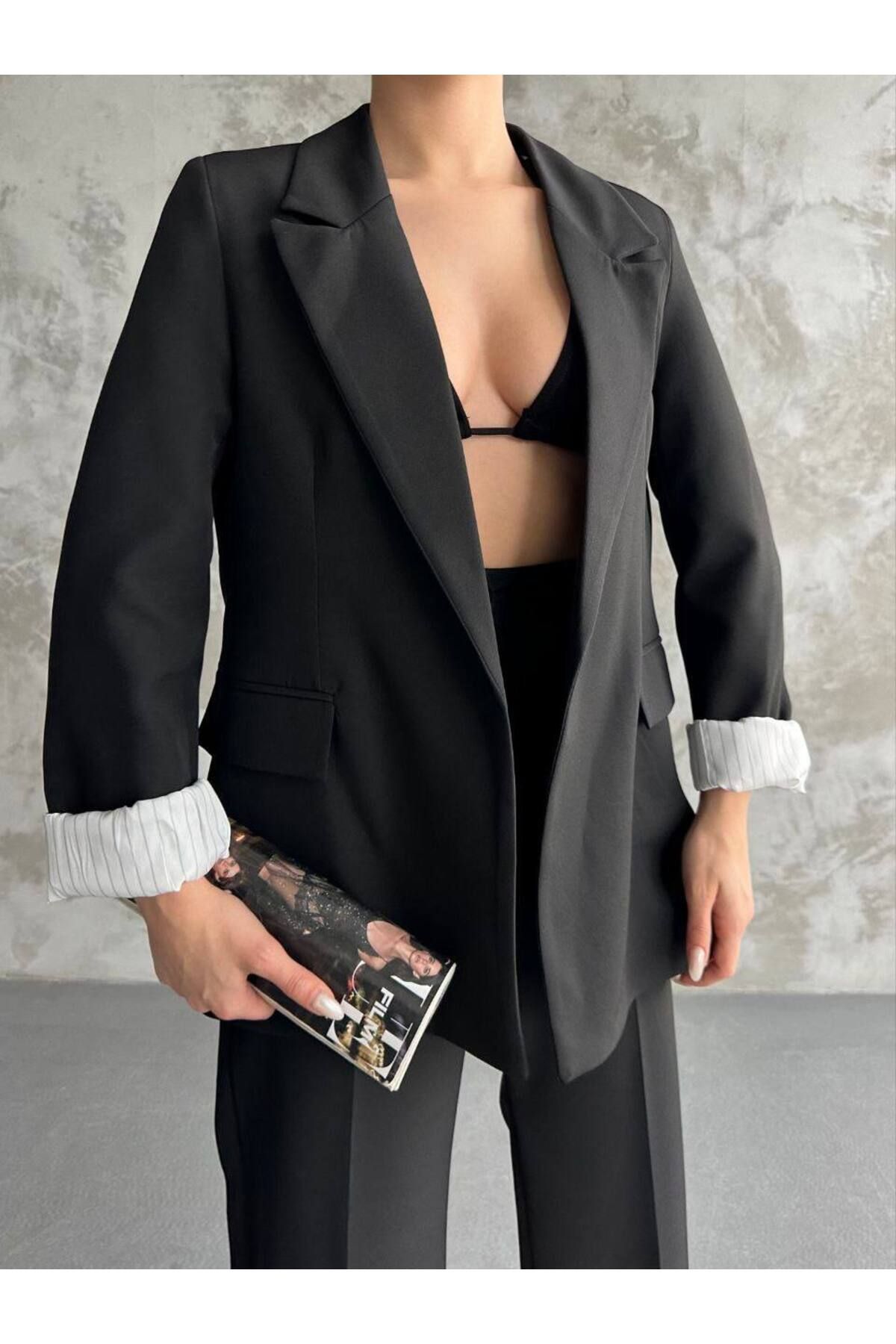 Moda İkra Kadın Astarlı Blazer Ceket Kol Içi Çizgili Katlama detaylı