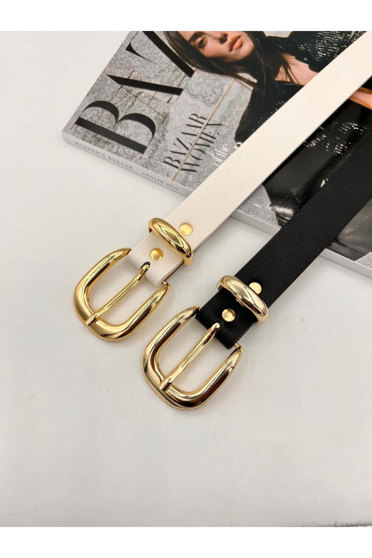 NOİR LUXE 2'li Basic Tokalı Gold Kadın Kemer Pantolon Kemeri Elbise Kemeri Gömlek Kemeri Ceket Kemeri