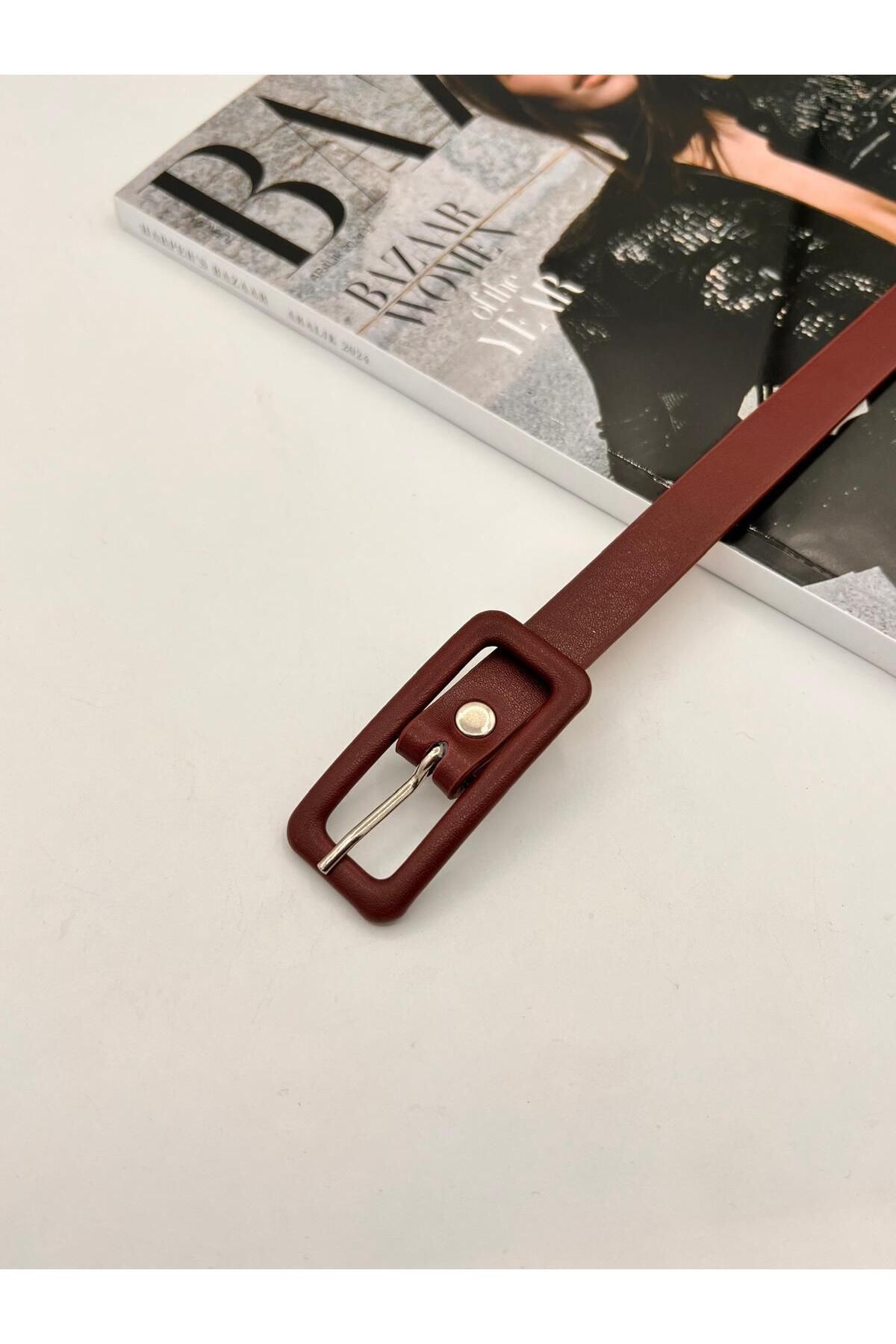 NOİR LUXE Bordo Dikdörtgen Kaplama Tokalı Kadın Kemer Pantolon Kemeri Elbise Kemeri Gömlek Kemeri Ceket Kemeri