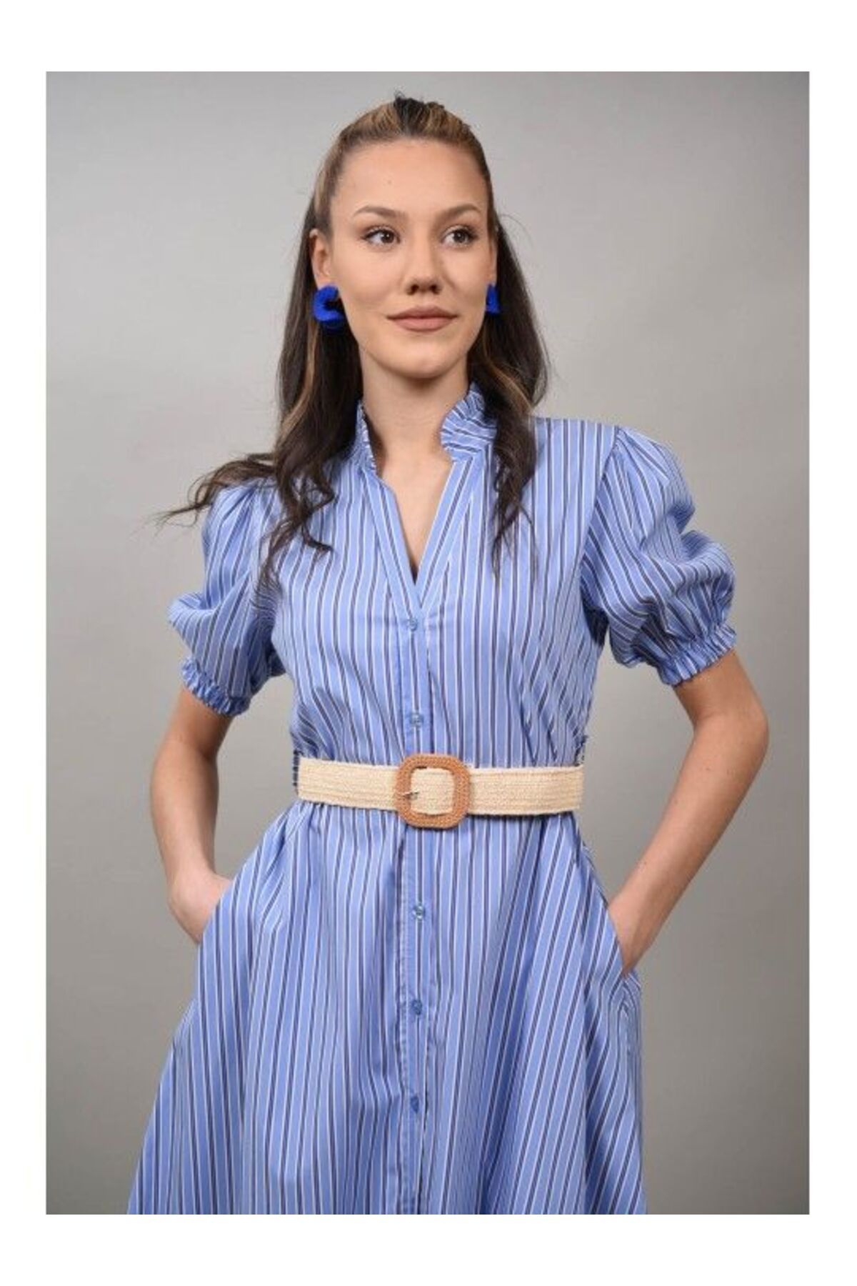 FASHIONLAND-Zeffiretto Short Sleeve Shirt Midi Dress Single Waist Blue 3