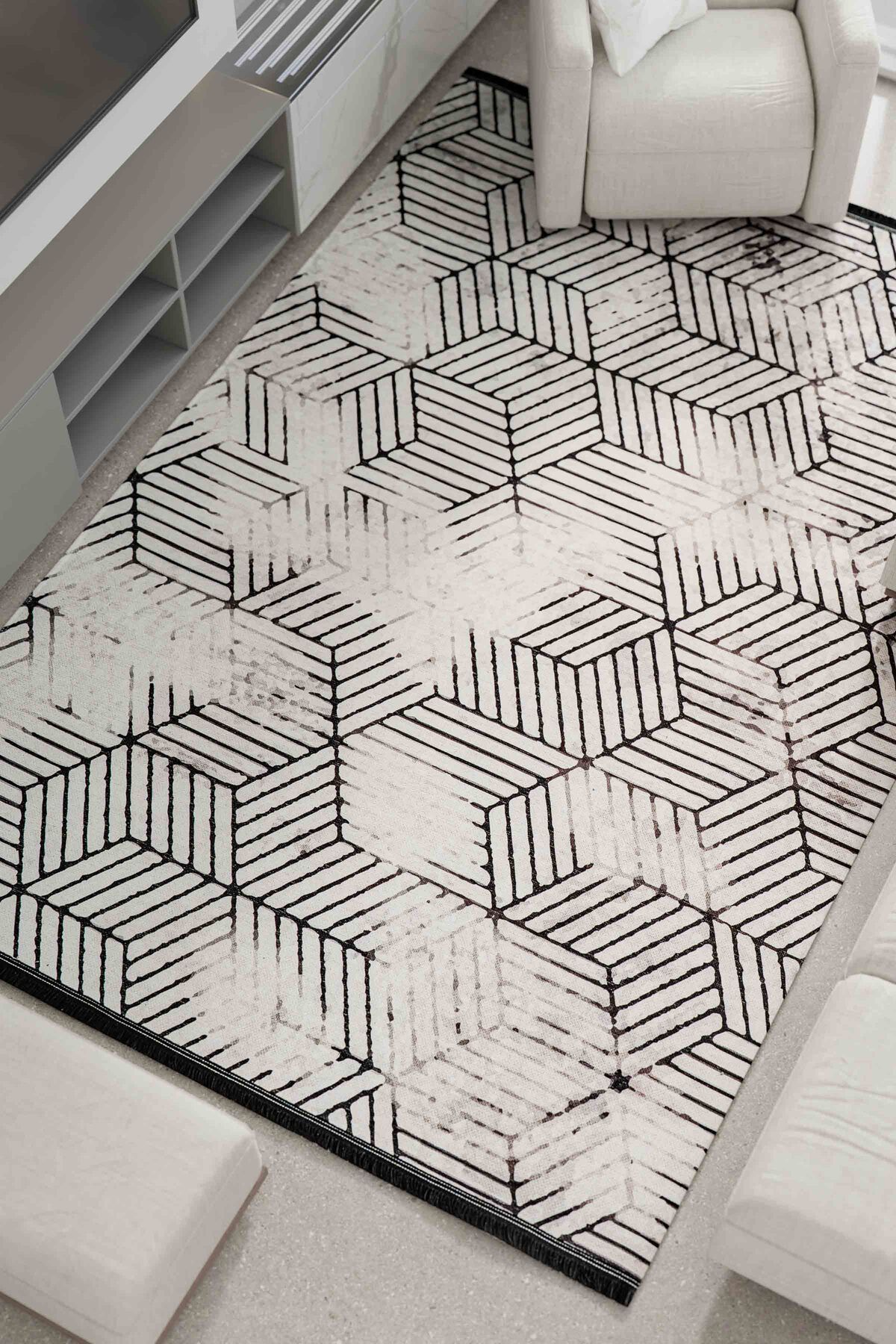 Oriente Home Geometrik Desenli Yıkanabilir Kaymaz Taban Şönil Halı Gri Siyah Yolluk 7811