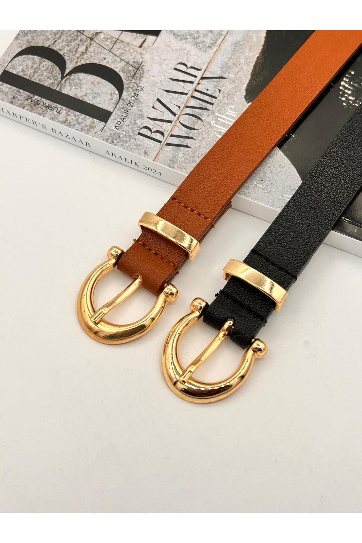 NOİR LUXE 2'li Gold Tokalı Köprülü Ince Kadın Kemer Pantolon Kemeri Elbise Kemeri Gömlek Kemeri Ceket Kemeri