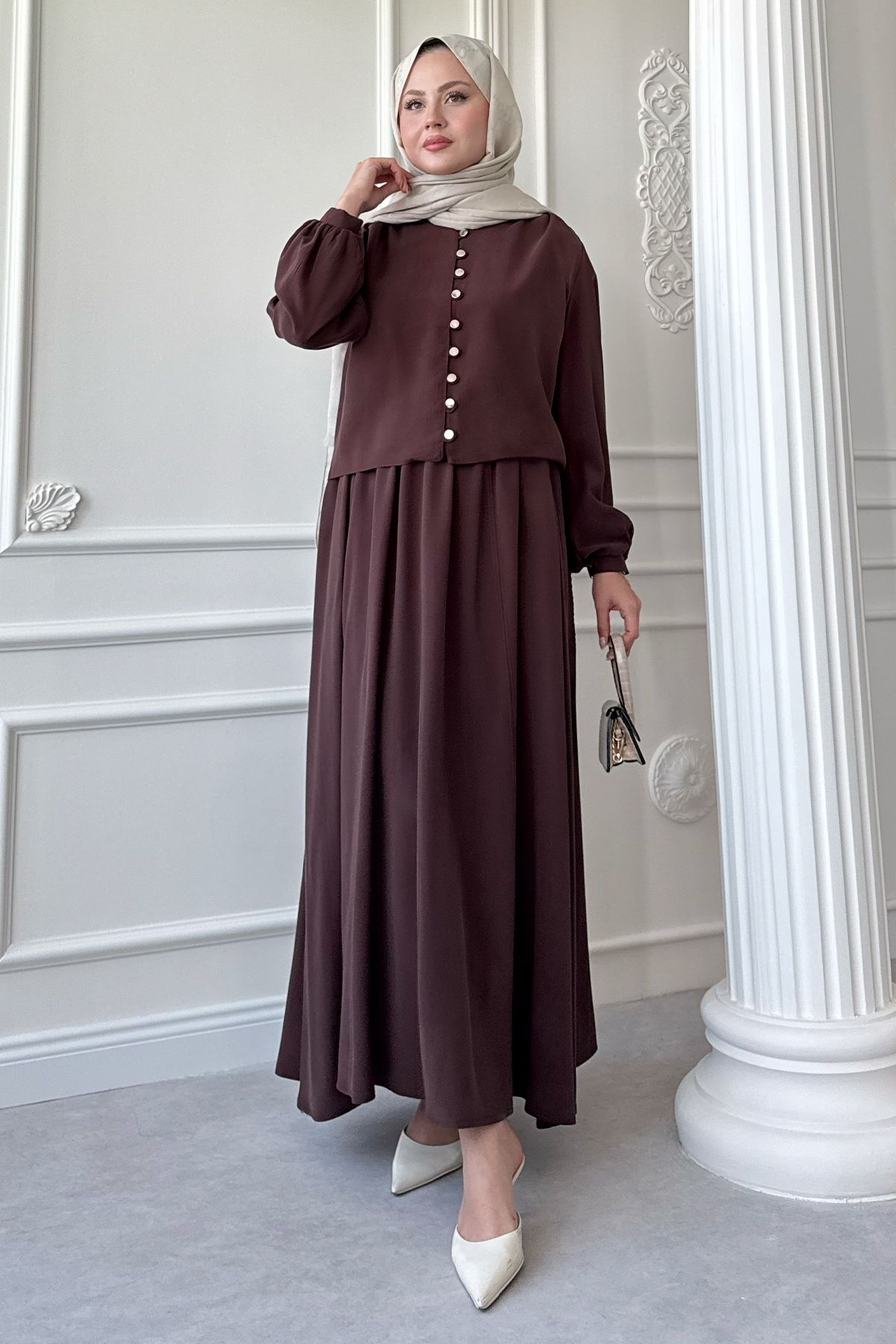 InStyle Lastikli Düğme Detaylı Etekli Acı Kahve Takım