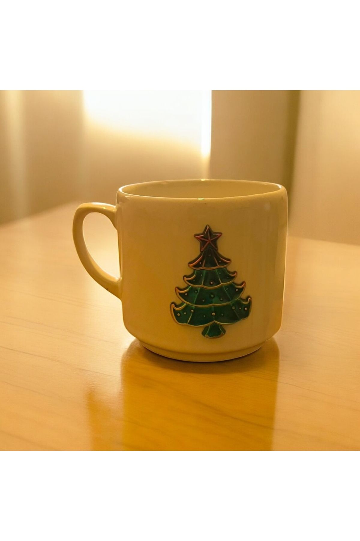 Giftorium Group Yılbaşı Temalı Metal Çam Ağacı Motifli El Yapımı Seramik Kupa Bardak Mug 200 Ml