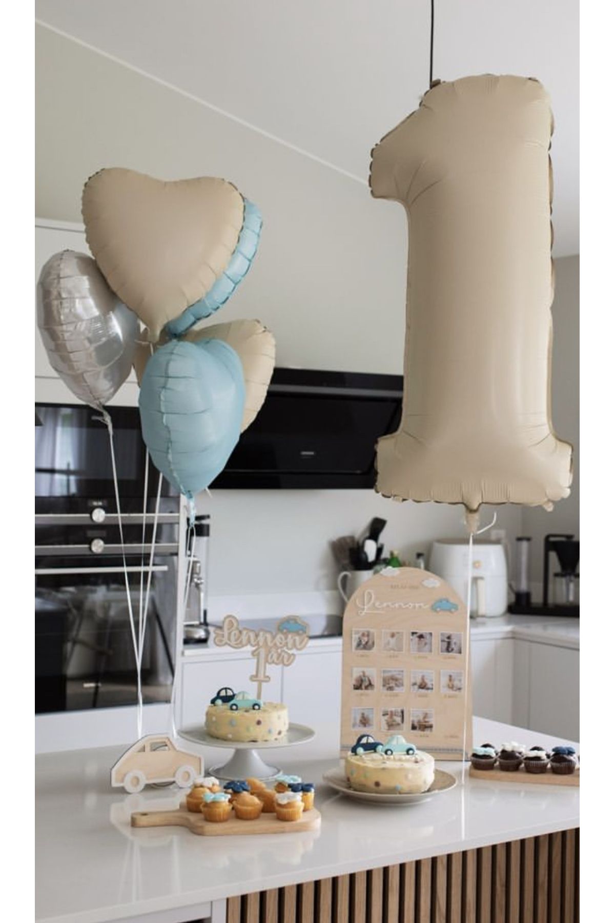 Çemrek Süs Parti Bebe Mavi Gümüş Bej Kalp Balonlu 1 Rakam Balon Seti 7 li