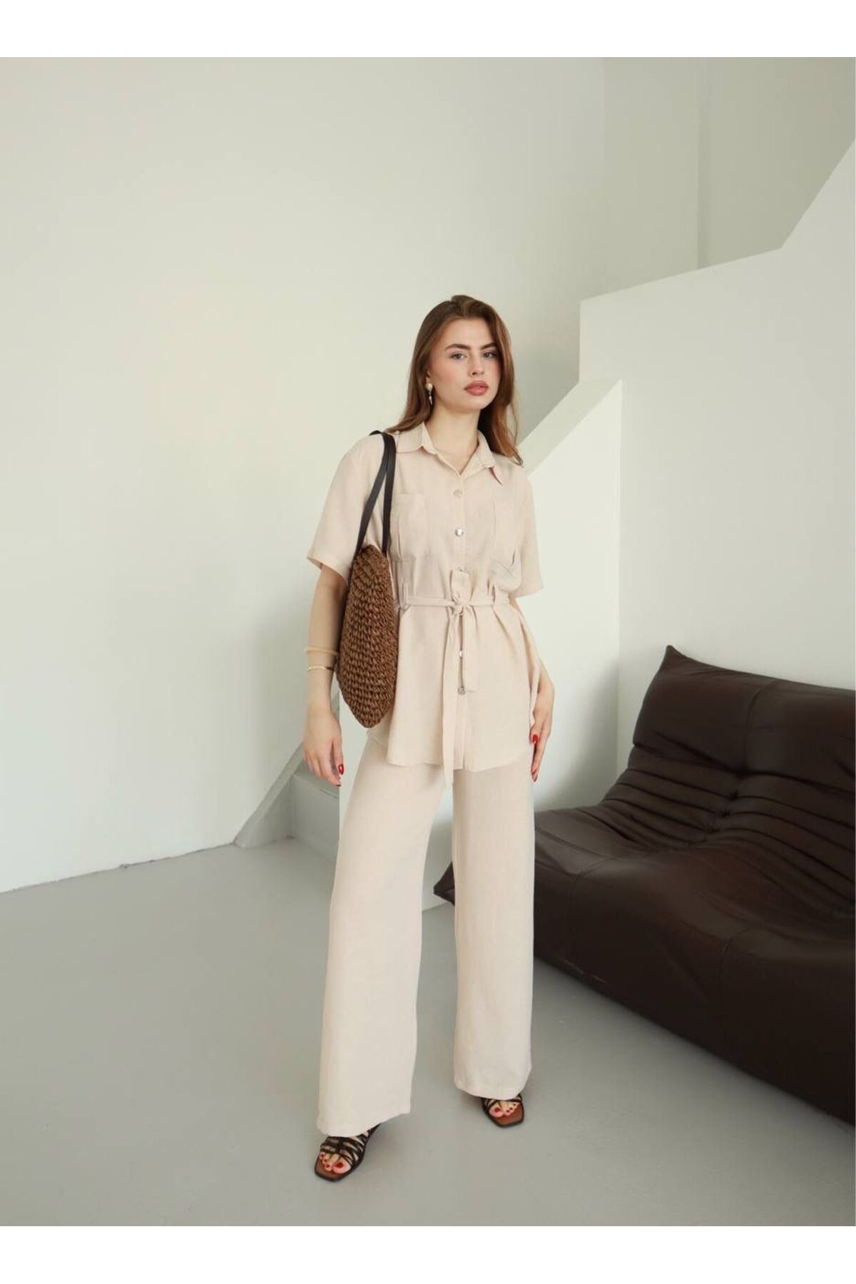 MODA Bej Renkli Belden Bağlamalı Keten Kumaş Pantalon İkili Takım