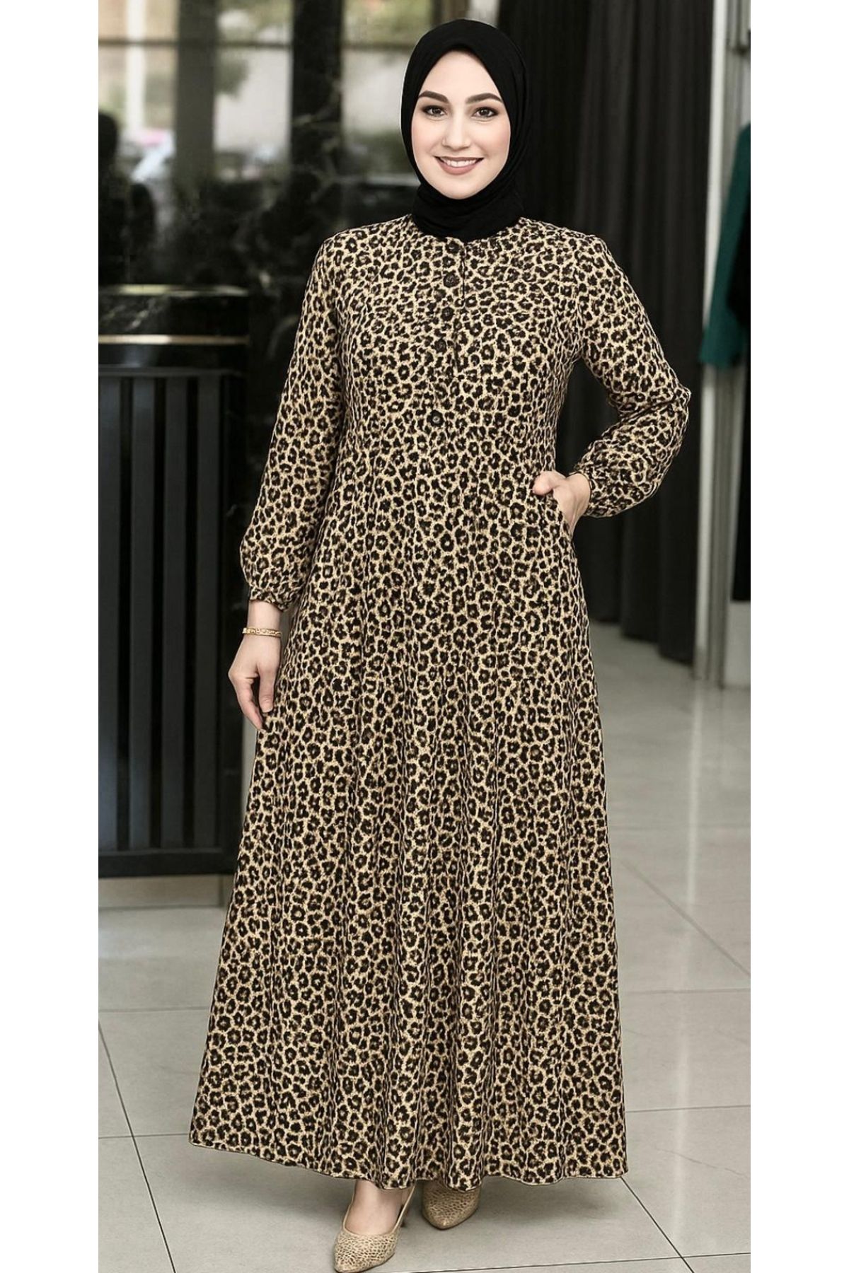 AKŞEN GİYİM BÜYÜK BEDEN LEOPAR DESENLİ PAMUKLU VİSKON KUMAŞ BELDEN BAĞCIKLI TESETTÜR ELBİSE