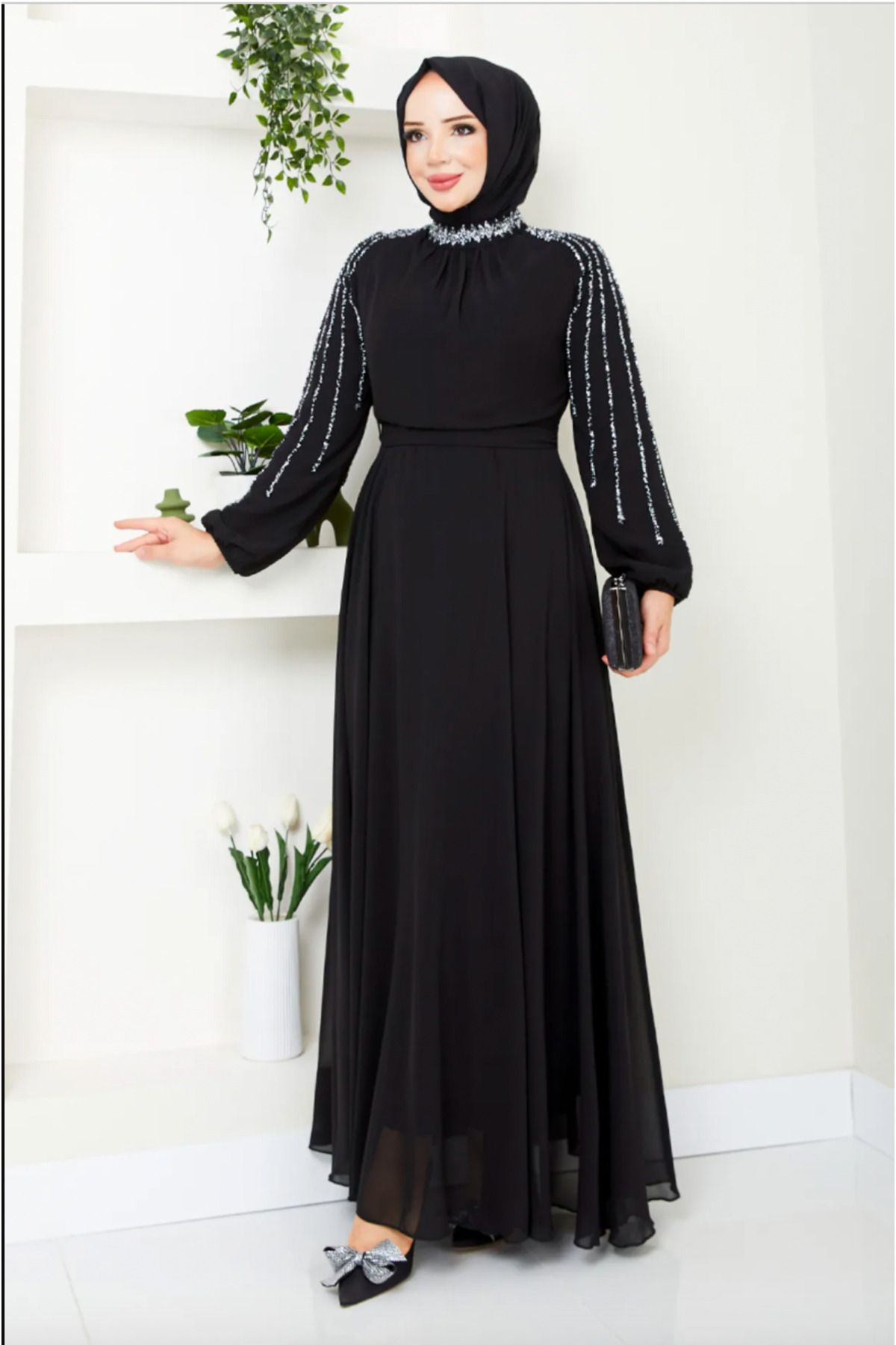 Modarana Kolları İşlemeli Abiye 6089LPN909-M Siyah