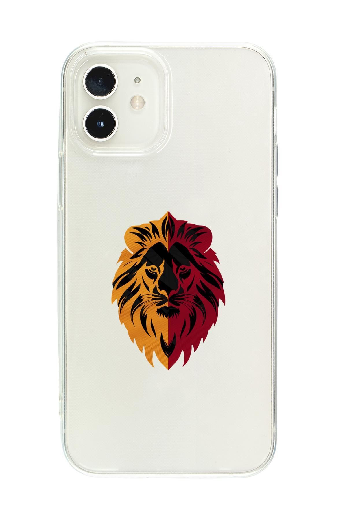 mooodcase iPhone 12 Mini Uyumlu Sarı Kırmızı Aslan Desenli Premium Şeffaf Silikon Kılıf