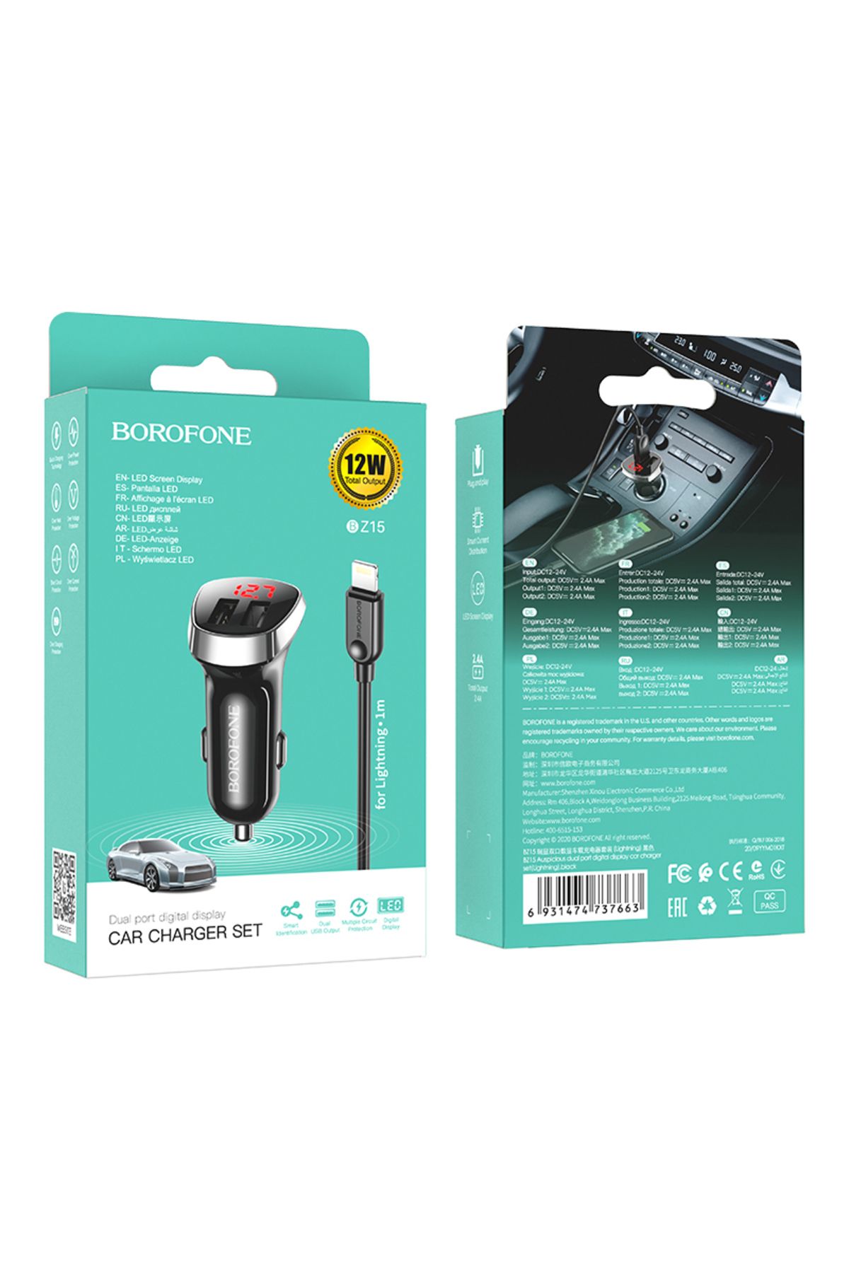 Borofone-Încărcător auto dual USB LED cu cablu Lightning pentru iPhone / Android / Huawei 2.4 A - Negru 7