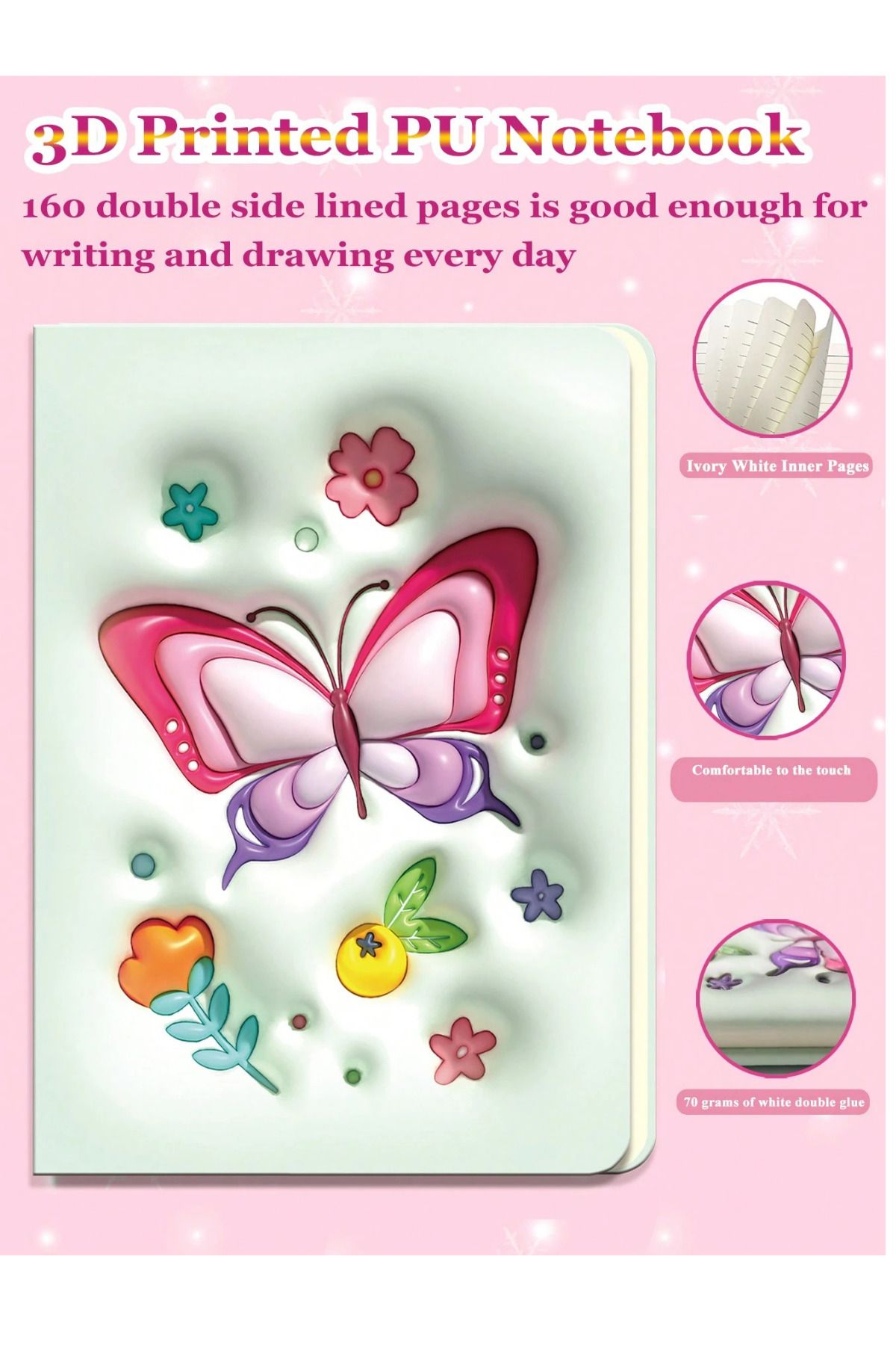 NaSaDAN 3D Kelebek Puf Kabartmalı A5 Çizgili Defter