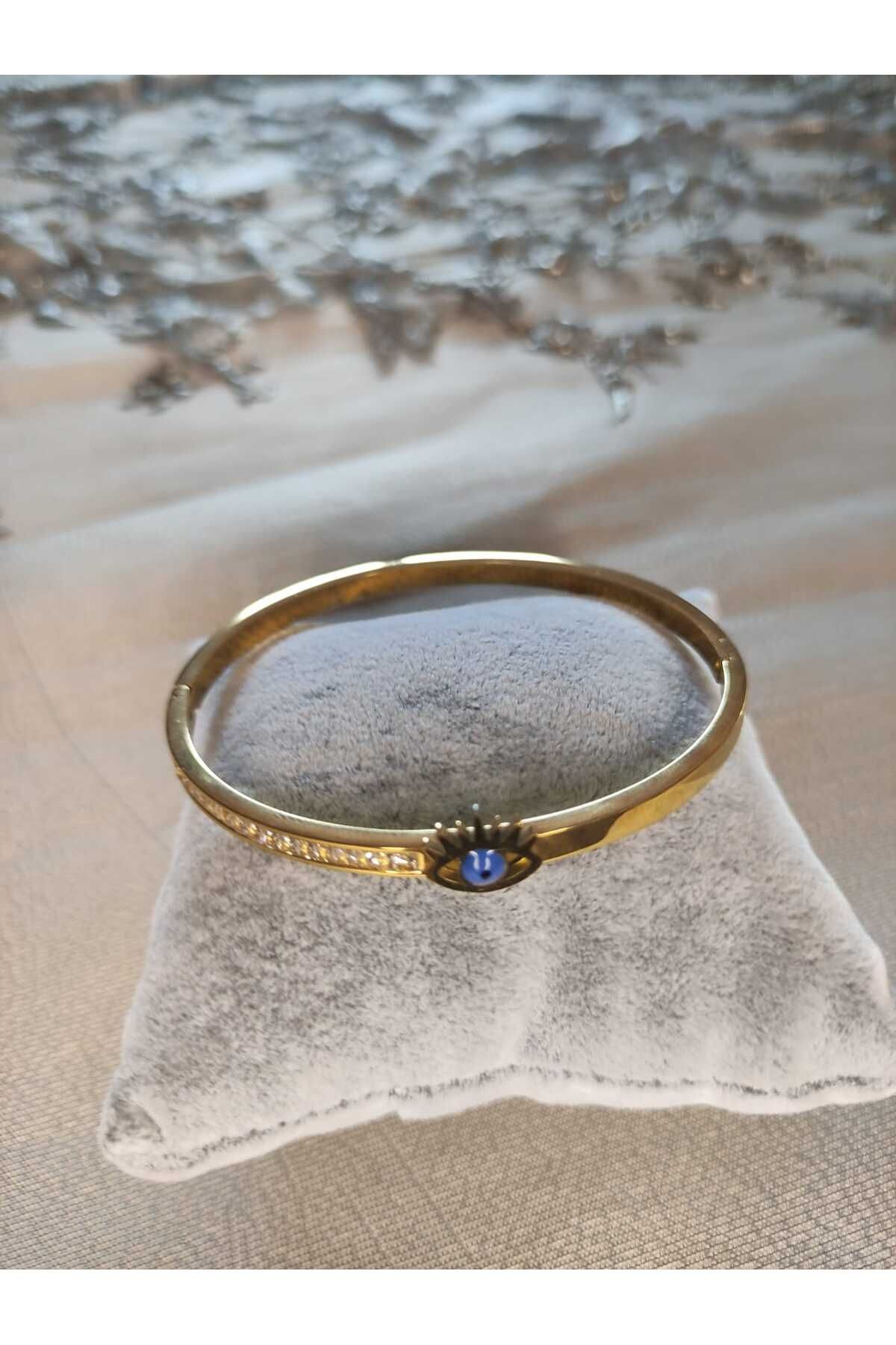 MODA Kadın Nazar Boncuğu Zirkon Taşlı Çelik Kelepçe Bileklik