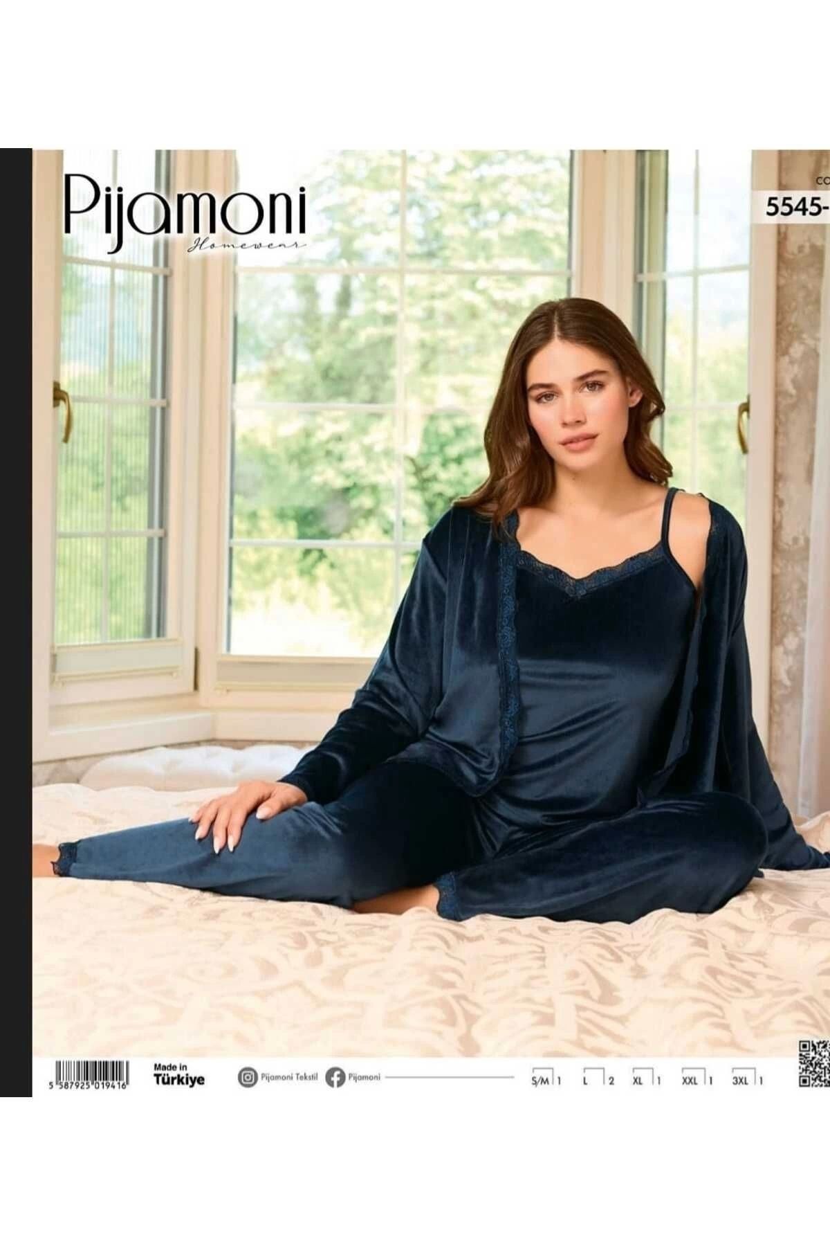 Pijamoni Fransız Kadife 3'lü Pijama Takımı