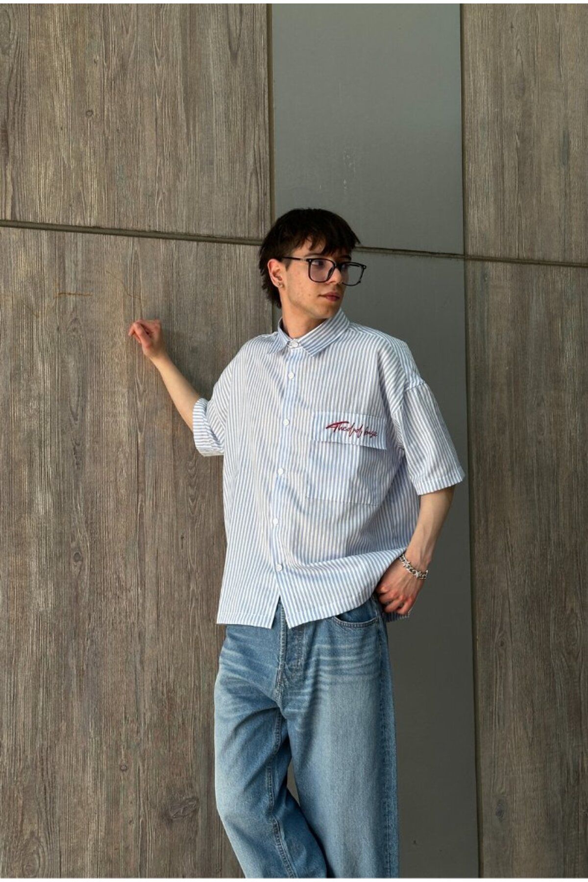 serline Premium Oversize Çizgili Nakışlı Gömlek