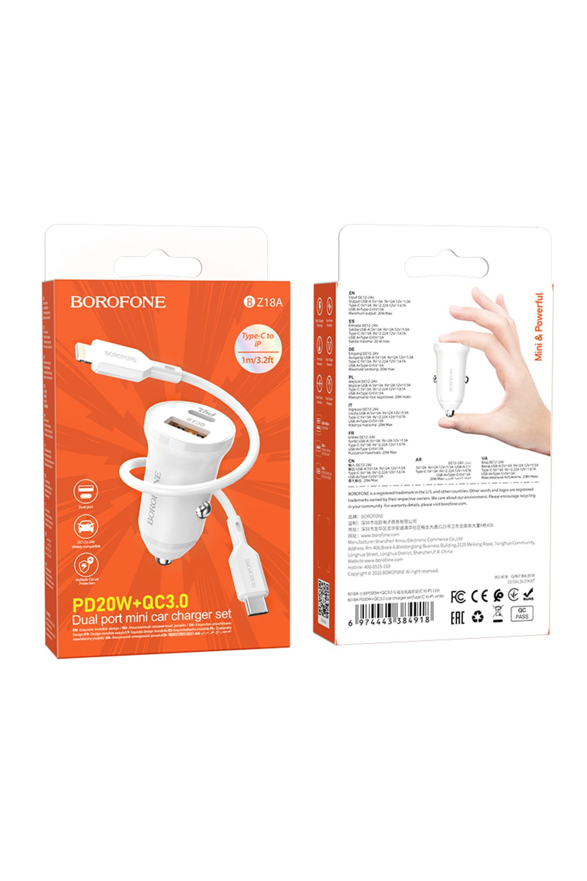 Borofone-Încărcător auto pentru telefon / tabletă - USB-C TIP C - PD 20W QC 3.0 18W Cablu tip C la Lightning Borofone 4