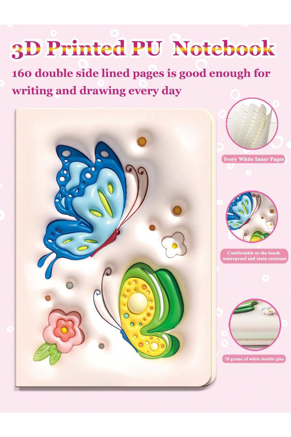 NaSaDAN 3D Kelebek Puf Kabartmalı A5 Çizgili Defter