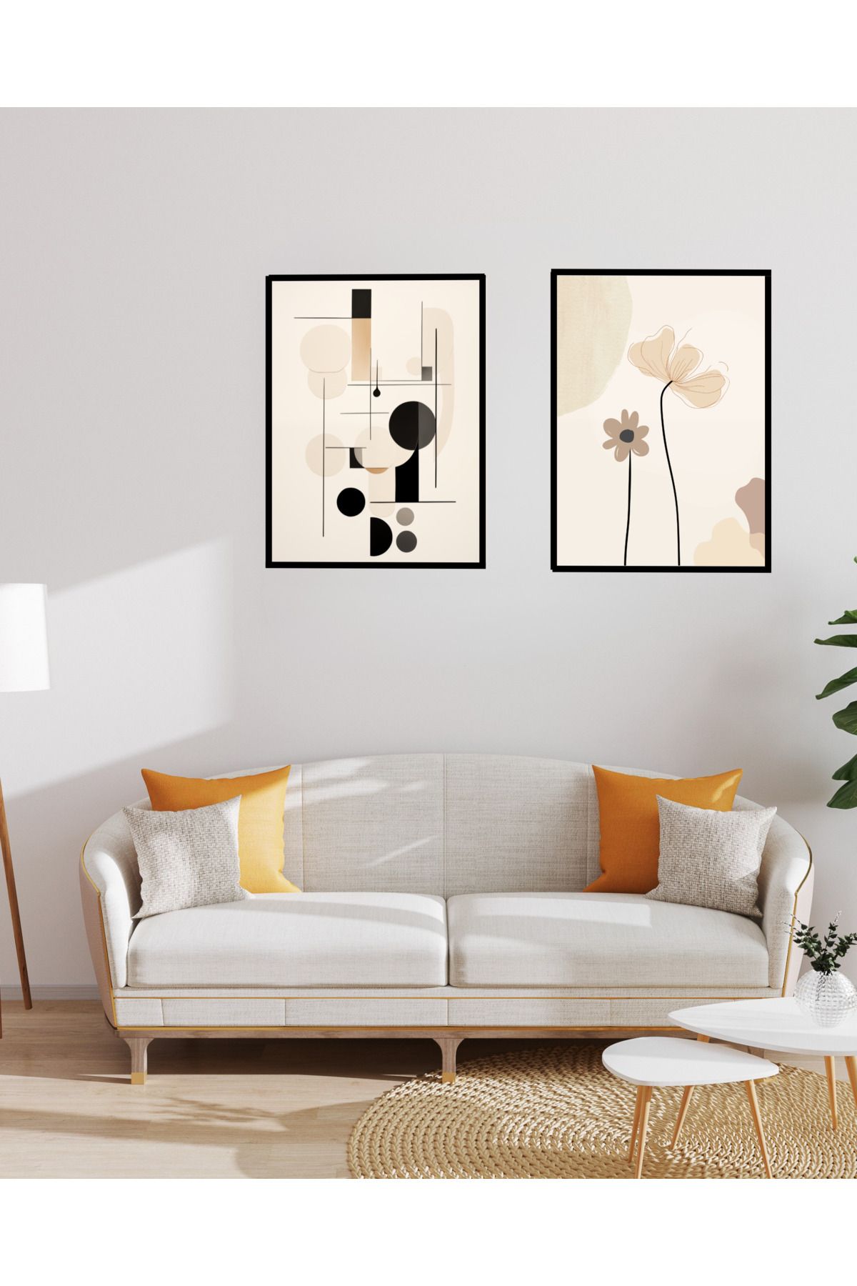 The Bou Art Mini Çiçek - 30 x 40 Siyah Çerçeveli 2 li Tablo