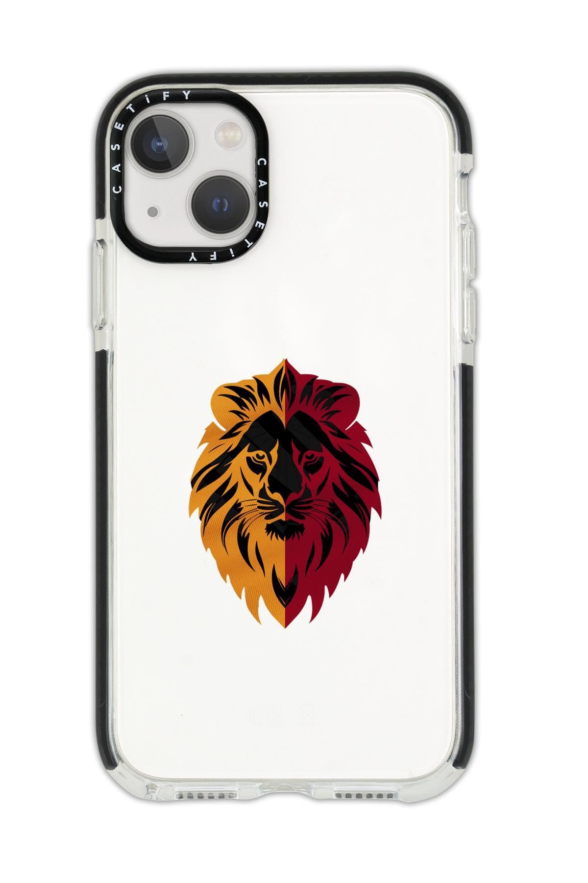 mooodcase iPhone 14 Plus Uyumlu Casetify Sarı Kırmızı Aslan Desenli Anti Shock Premium Silikonlu Siyah Kenar D