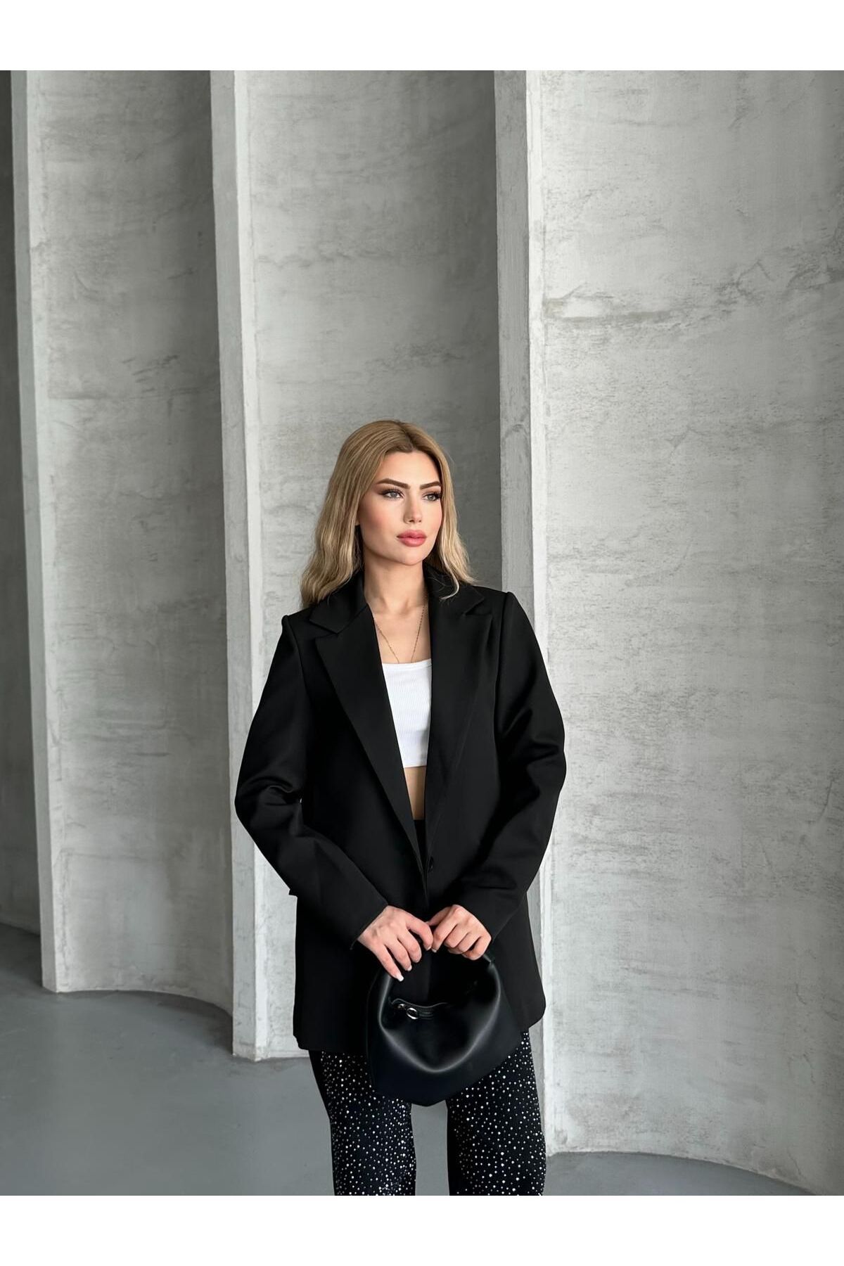 MODA Siyah Çizgili Astarlı Blazer Ceket