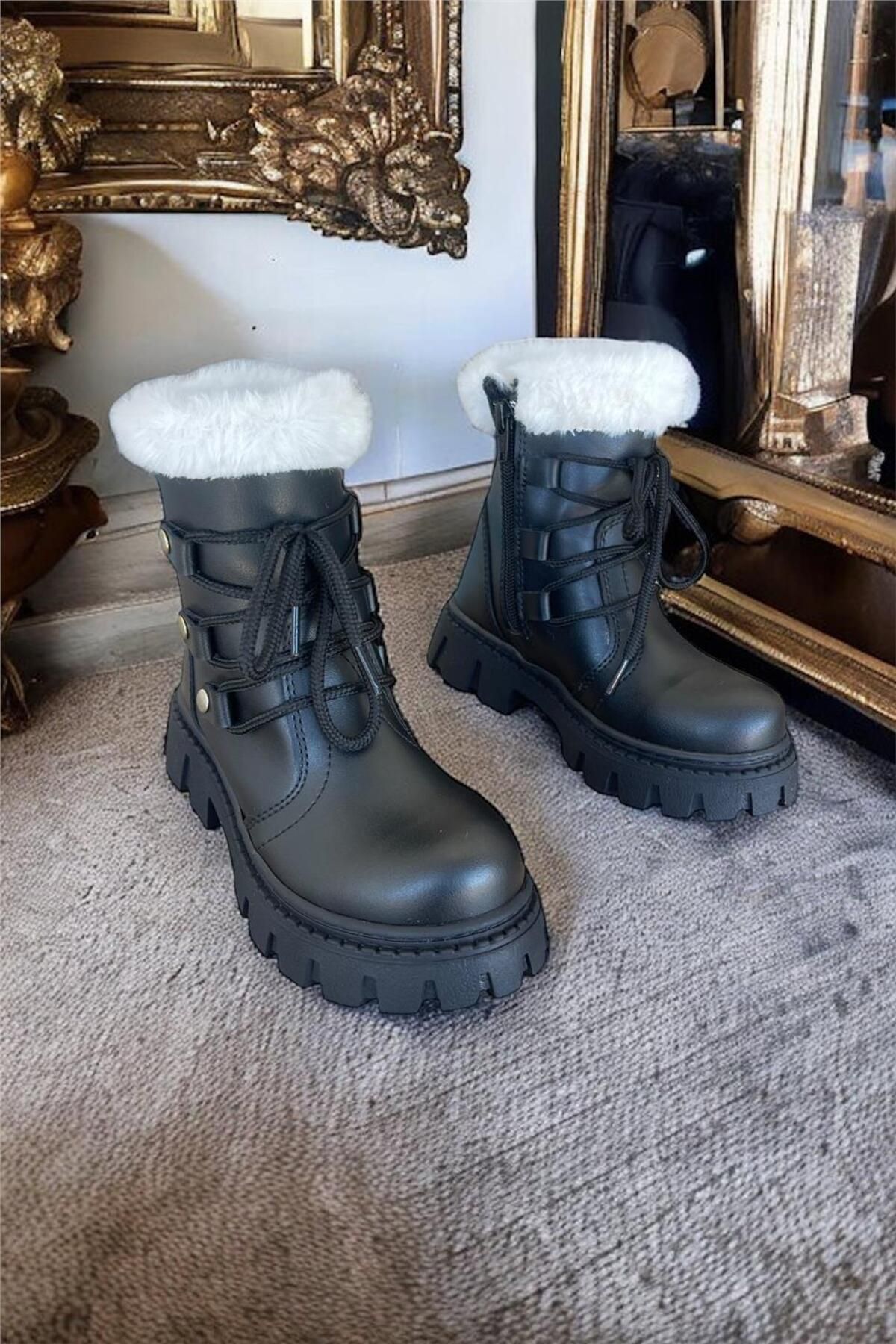 Liger-Cizme pentru fetiță cu blană cu fermoar și accesorii cu șireturi NEGRU - ALB 2