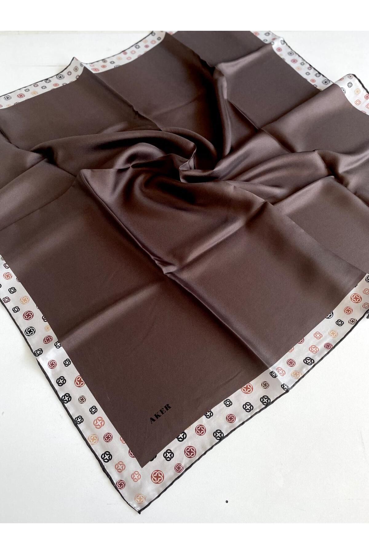 Aker Tivil İpek Eşarp 8738713-932 47486 Kahverengi-Krem Monogram Desen