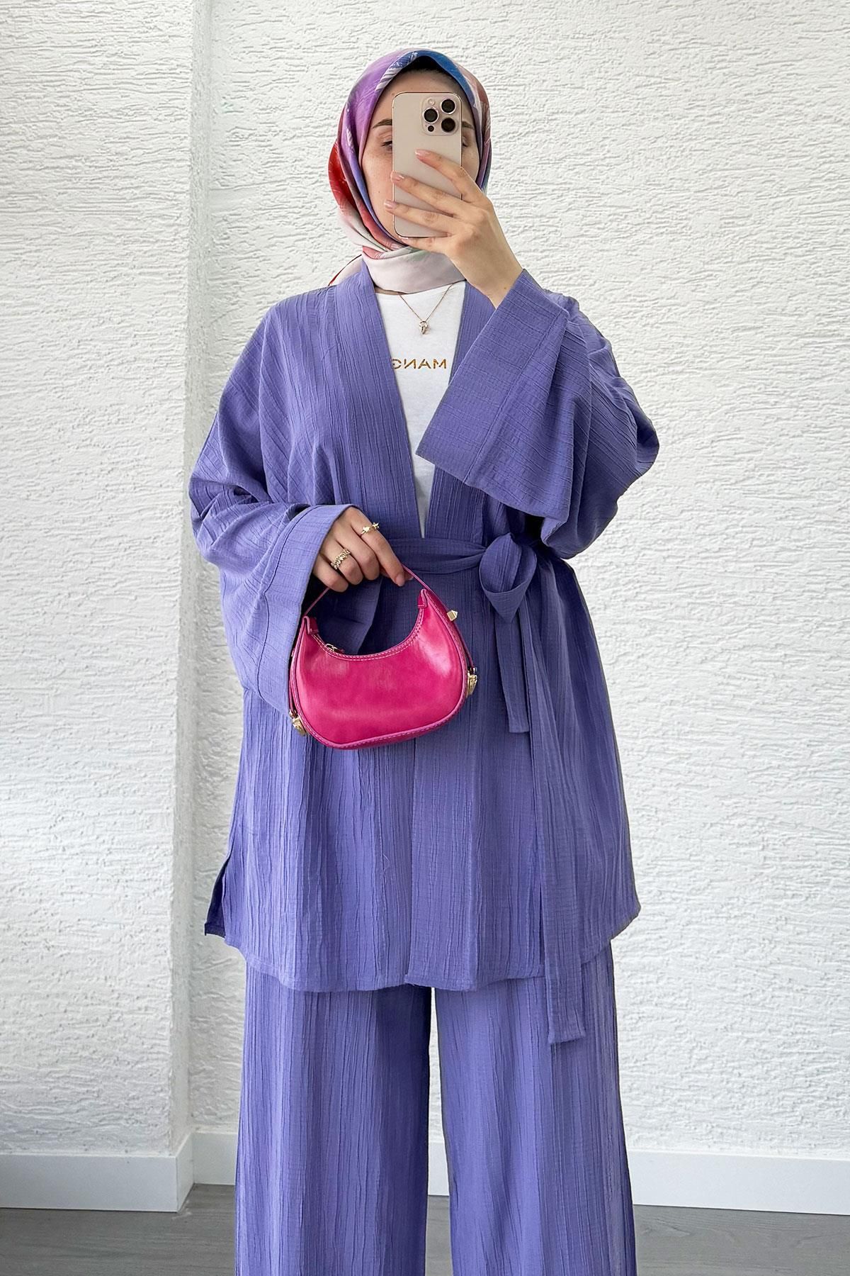 MELEK ARAZ İkili Kimono Pantolon Takım-Lila