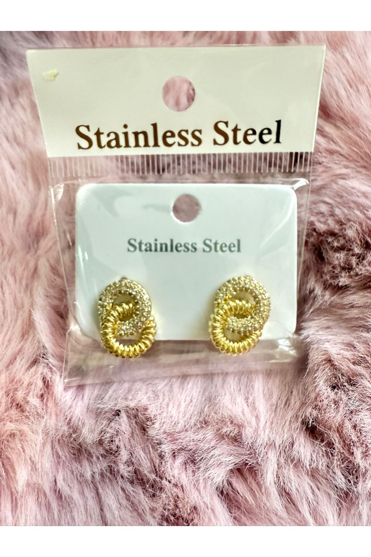 Butik Yeni Sezon Trend Gold Çift Halka Detaylı Taşlı Kadın Küpe