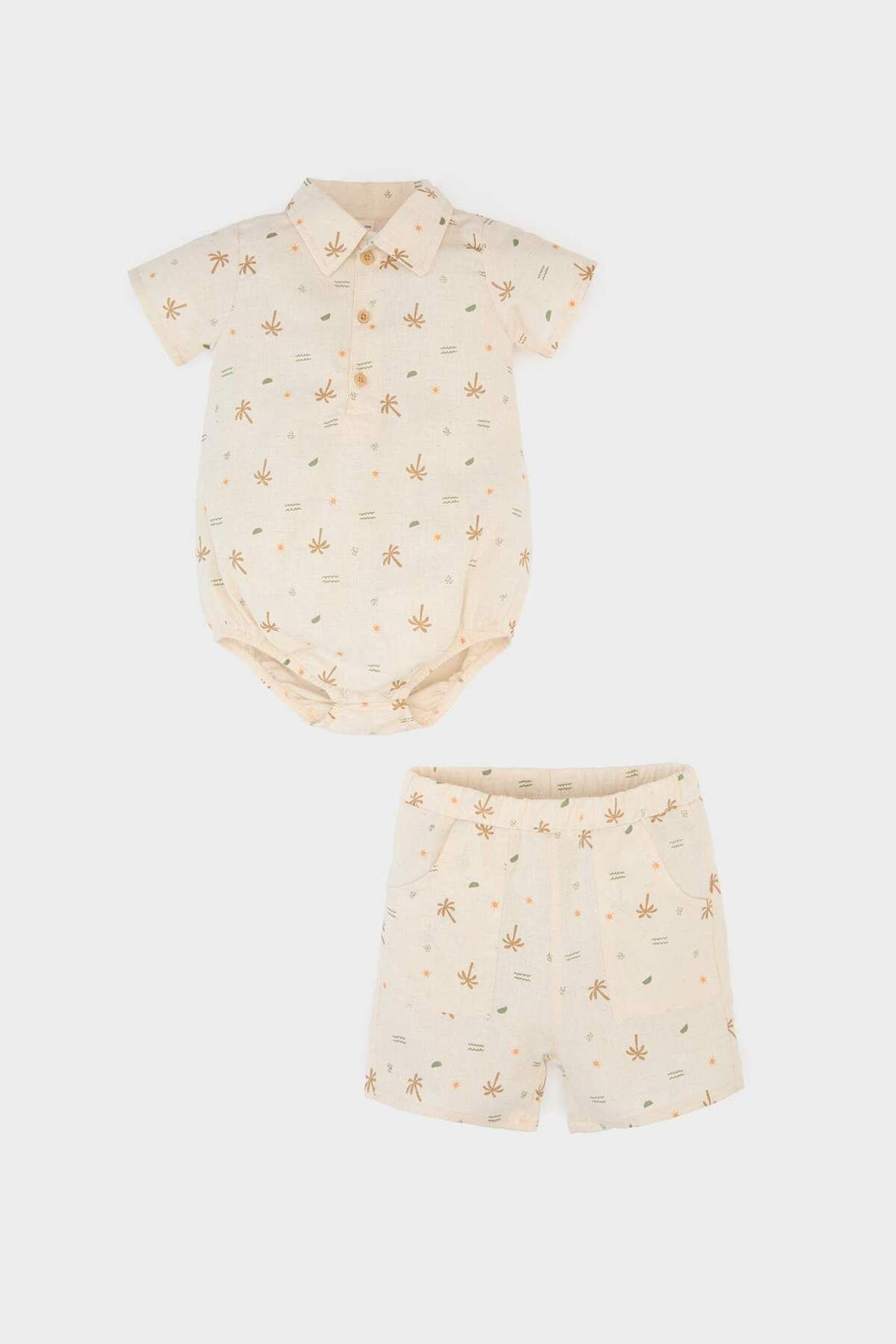 DeFacto Erkek Bebek 2li Takım Palmiye Desenli Kısa Kollu Keten Çıtçıtlı Body Beli Lastikli Şort E8380A525SM