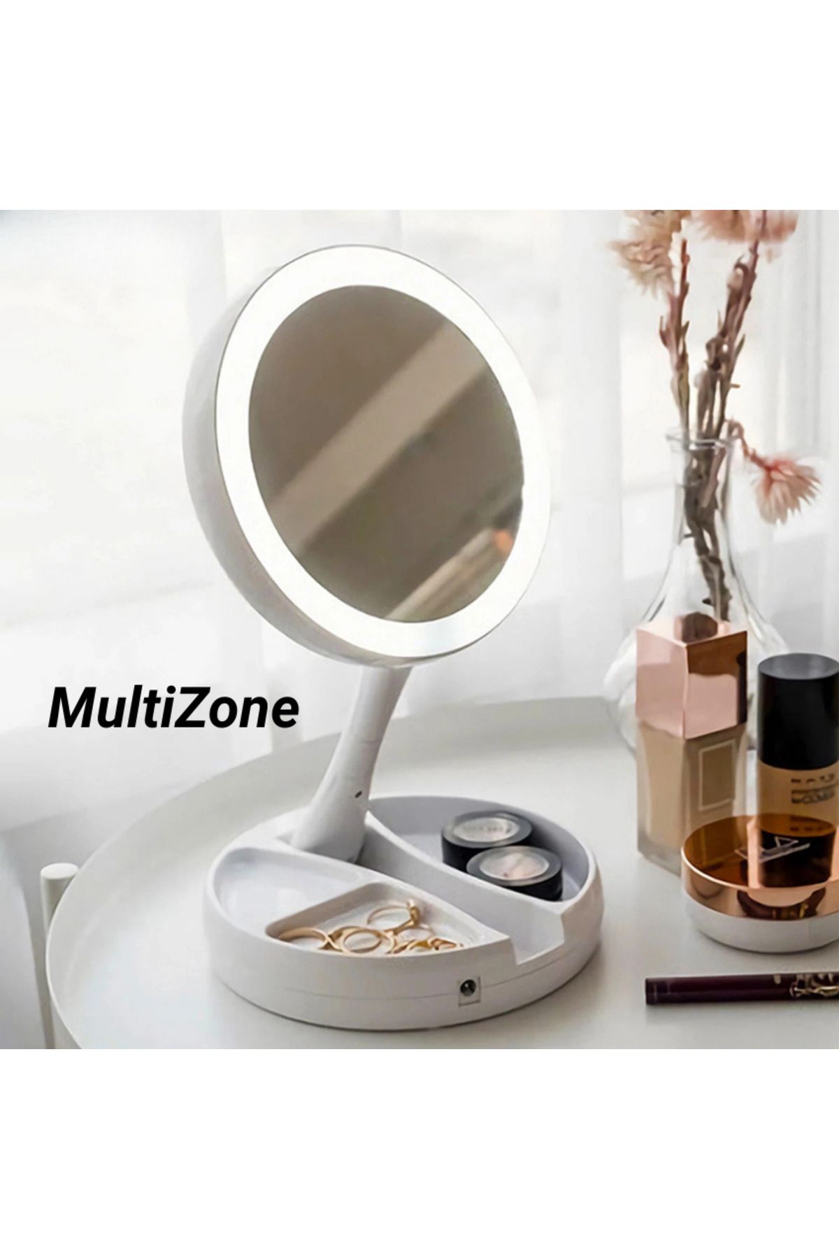 MultiZone LED Işıklı 10x Büyüteçli Katlanabilir Çift Taraflı Seyahat Makyaj Aynası USB Şarjlı